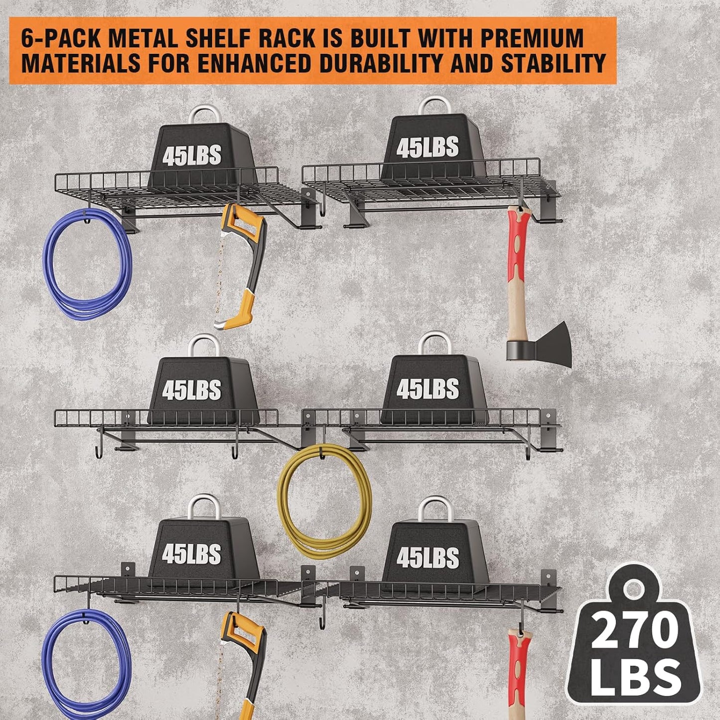 6 Pack Foldable Wall Shelf, Wall Mounted Garage Storage Shelves, Heavy Duty Wall Shelving Supports Up To 270 LBS. Floating Shelves With 12 Hooks Metal Storage Rack for Office, Kitchen and Laundry Room