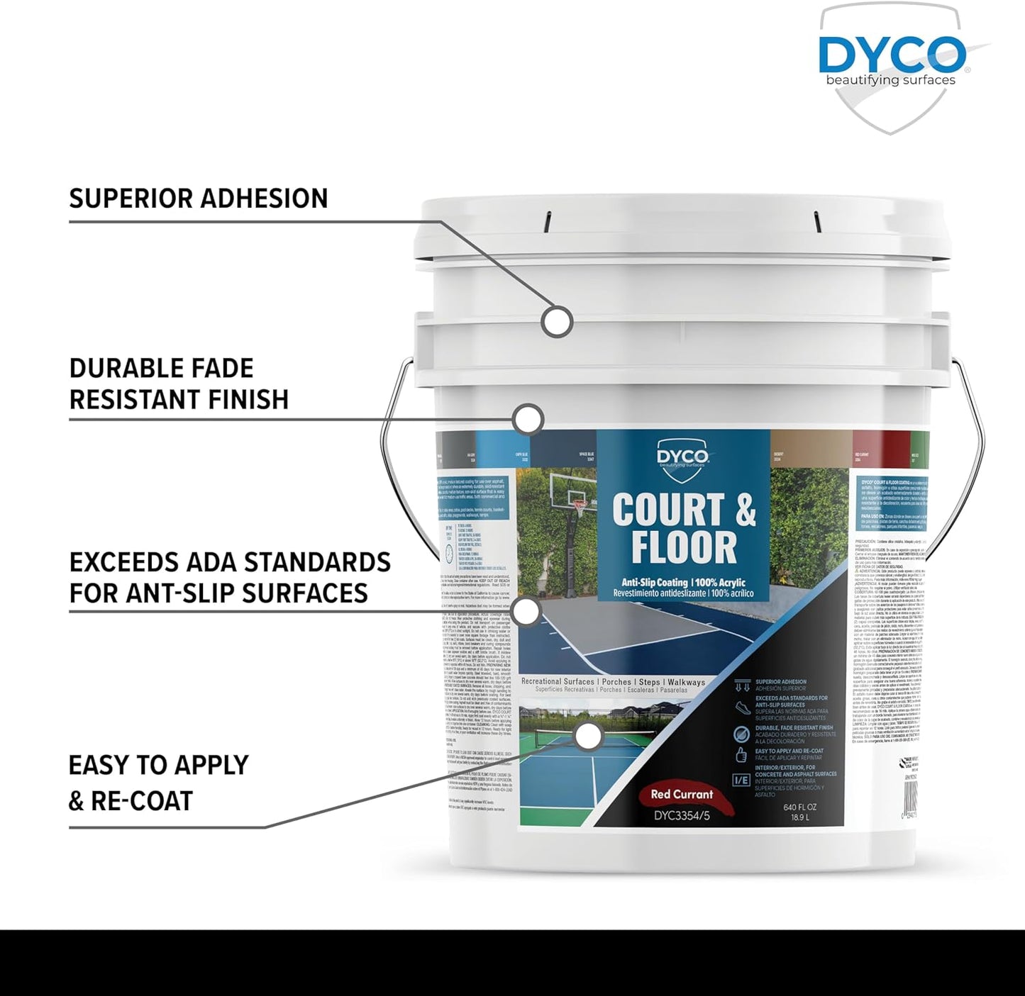 DYCO Court & Floor Anti-Slip Coating - Slip-Resistant Pavement, Cement & Concrete Paint for Pickleball, Tennis & Basketball Courts, Exceeds ADA Standards for Safety Areas (Red Currant, 5 Gallons)