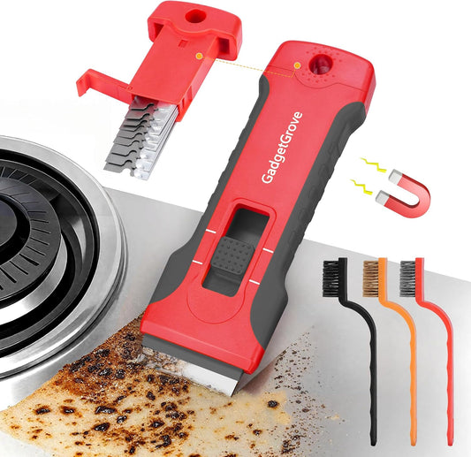 Upgraded Razor Blade Scraper with 10pcs Blades and 3Pcs small wire brushes,Scraper Tool for Cleaning Glass Window, Cooktop, Oven, Stove Scraper, Razor Scraper with Buit-In Blade Storage, Gray