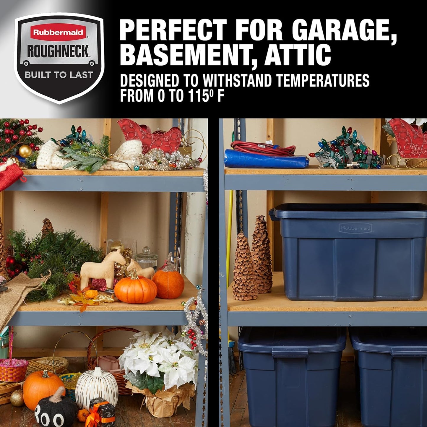 Rubbermaid Roughneck Tote 31 Gal, 3 Pack, Made in USA, Dark Indigo Metallic, Rugged Plastic Stackable Storage Bins with Lids and Handles