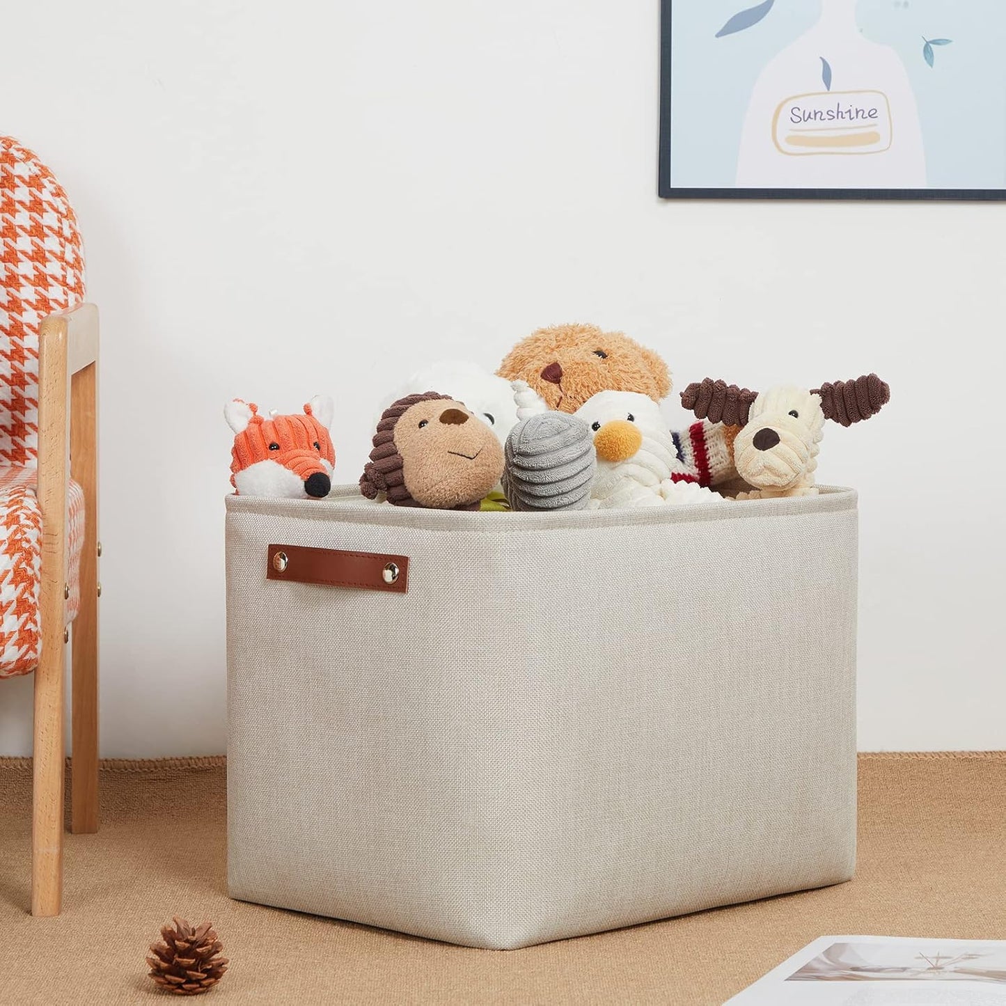 DULLEMELO 2-Pack Large Storage Baskets for Organizing 16"x12"x12" Canvas Fabric Storage Basket Bins With Leather Handles for Shelf Clothes Empty Gift Basket (Beige)