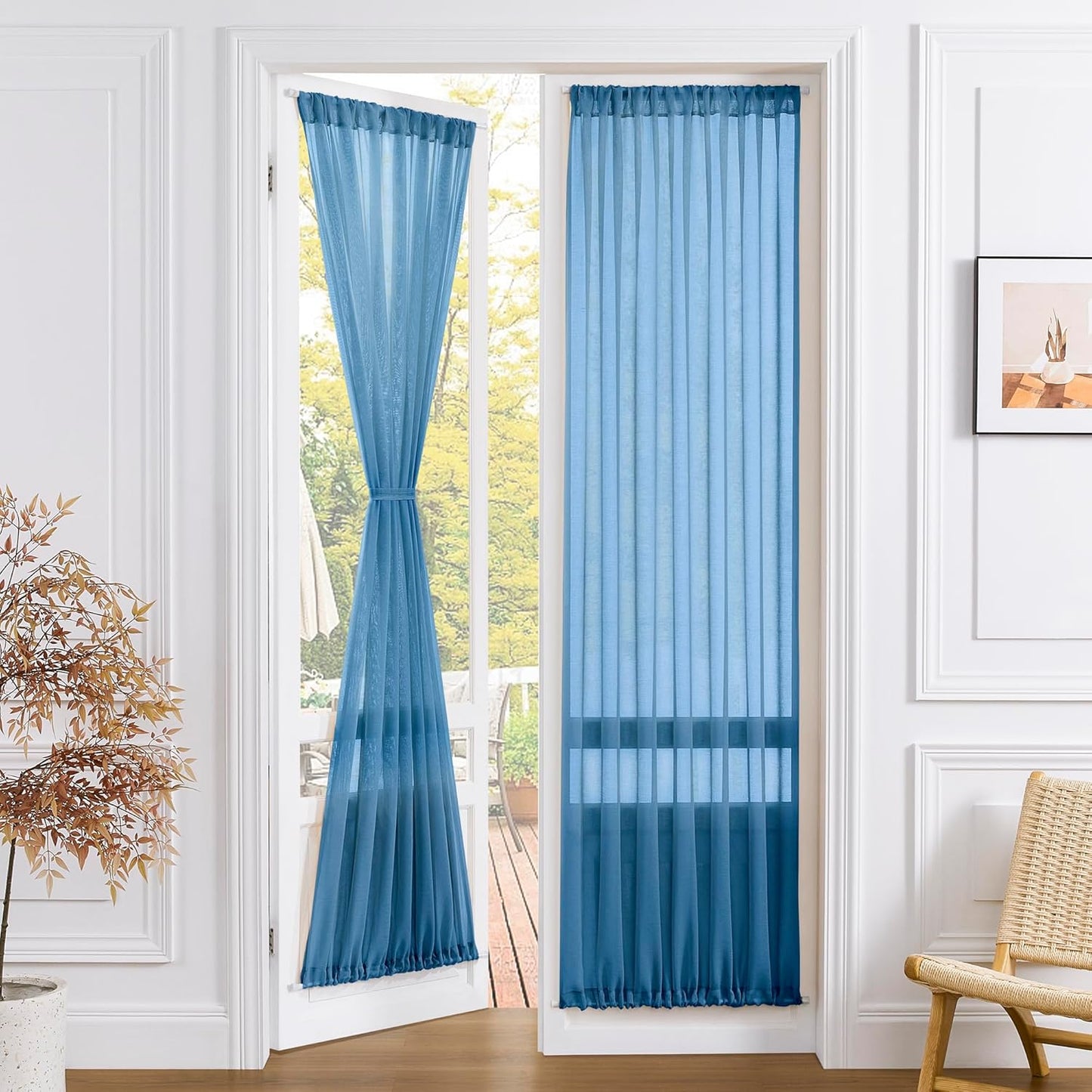 Tollpiz Sheer Curtains Closet Linen Textured Curtain Sheers Doorway Light Filtering Voile Patio Glass Door Rod Pocket Curtains French Door, 54 x 80 inches Long, Classic Blue, Set of 1 Panel