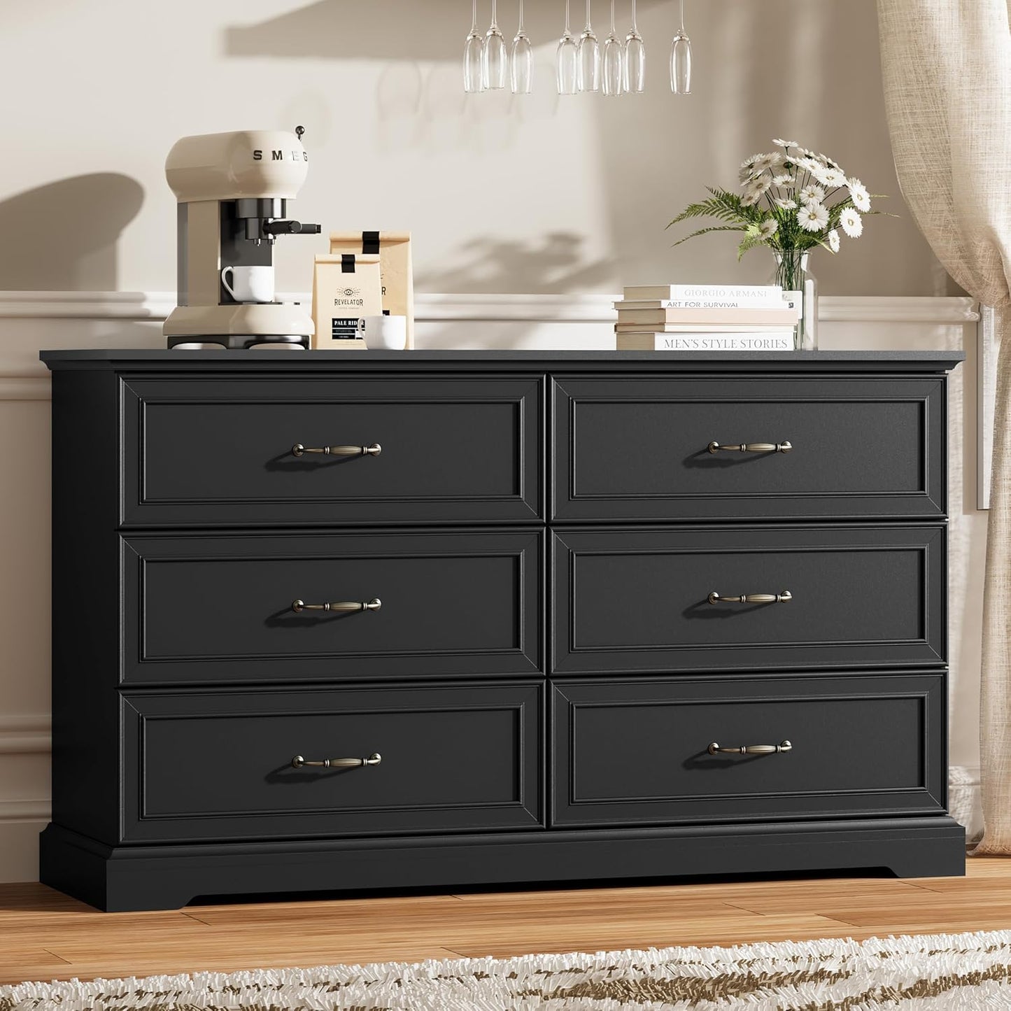 6 Drawer Dresser for Bedroom, 53" Wide Wooden Chest of Drawers, Rustic Farmhouse Dresser with Large Drawers & Metal Handles, Modern Storage Organizer for Closet, Living Room, Hallway, Black