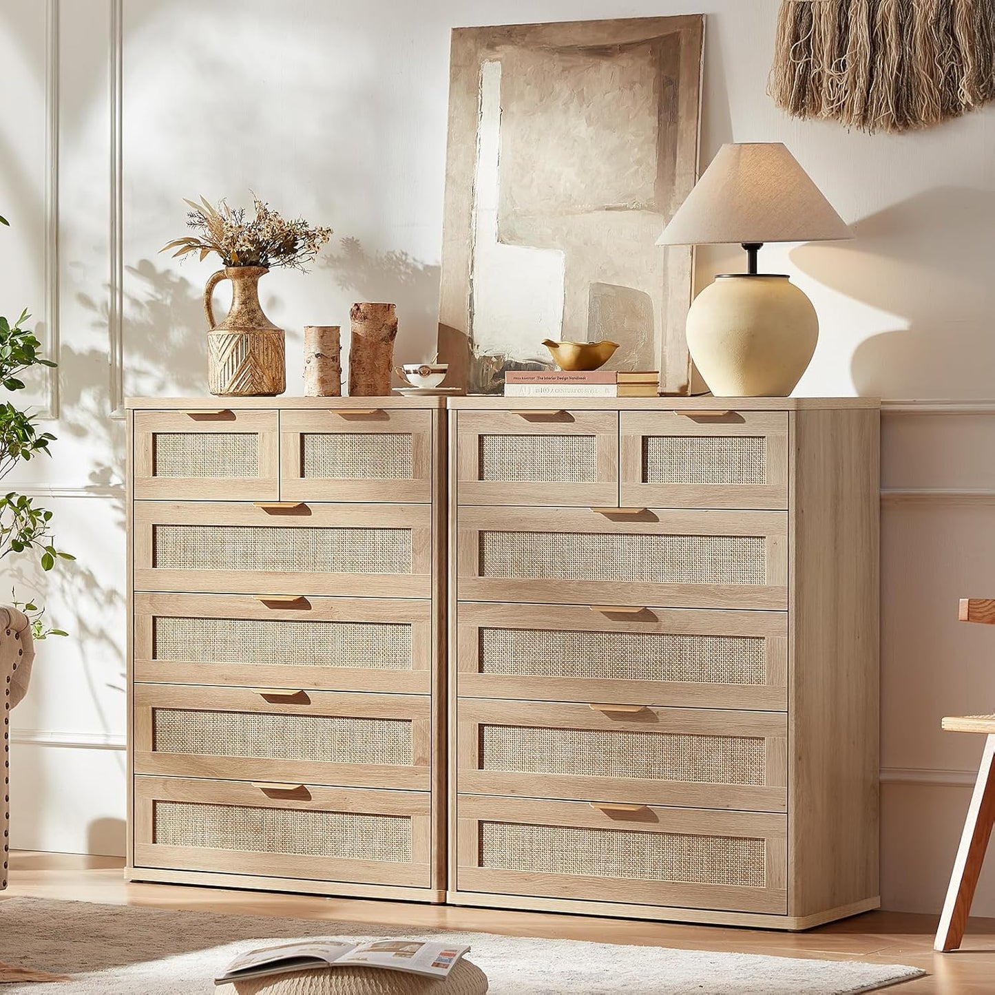 LEYAOYAO Rattan Dresser for Bedroom, 42" Tall Chest of Drawers, Modern 6 Drawers Boho Dressers with Storage, Light Oak Dresser Wooden Closet Organizer for Living Room, Hallway, Natural Wood