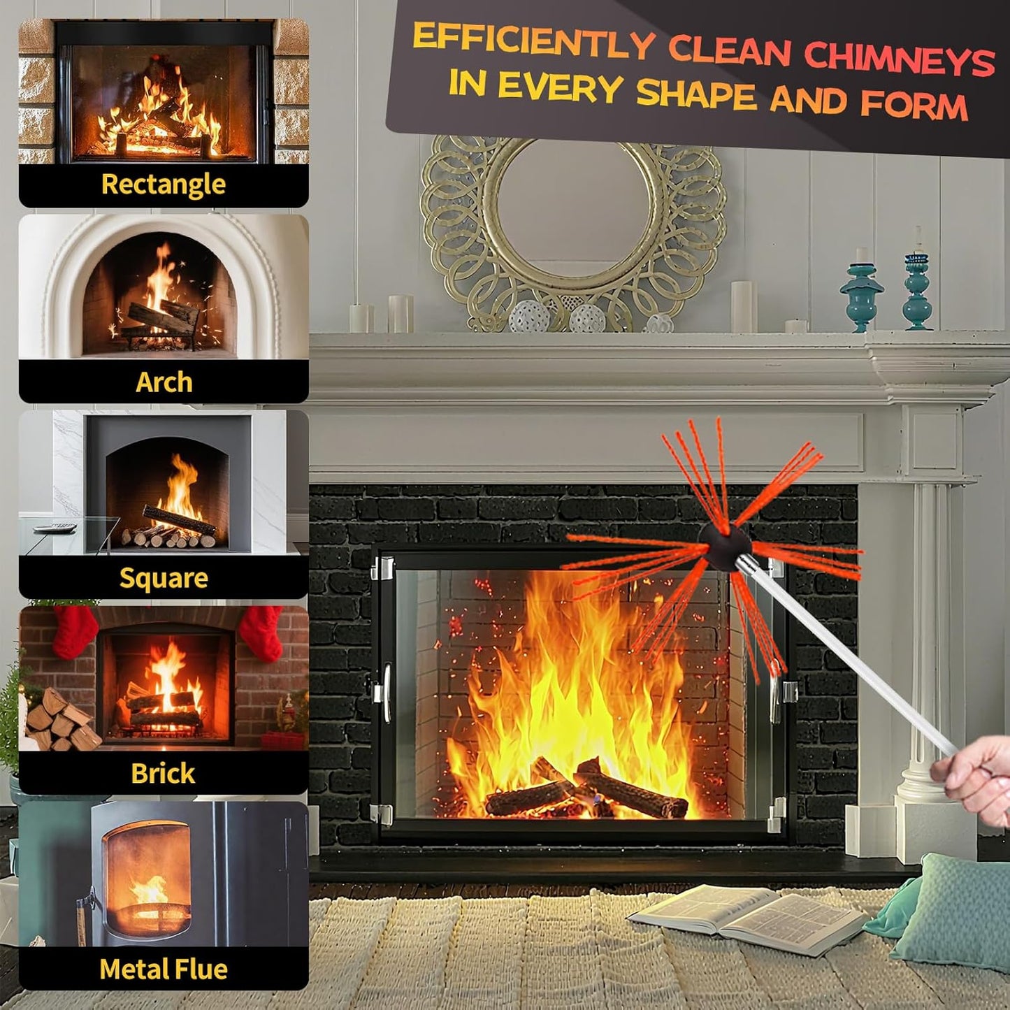 30 Feet Chimney Sweep Kit, Chimney Cleaning Kit with 9 Flexible White Chimney Rods, Chimney Brush for Sweeping Fireplace, Rotary Chimney Cleaning System Driven by Drill