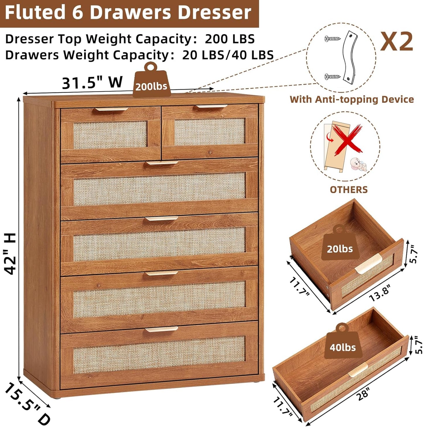 LEYAOYAO Rattan Dresser for Bedroom, 42" Tall Chest of Drawers, Modern 6 Drawers Boho Dressers with Storage, Vintage Brown Dresser Wooden Closet Organizer for Living Room, Hallway