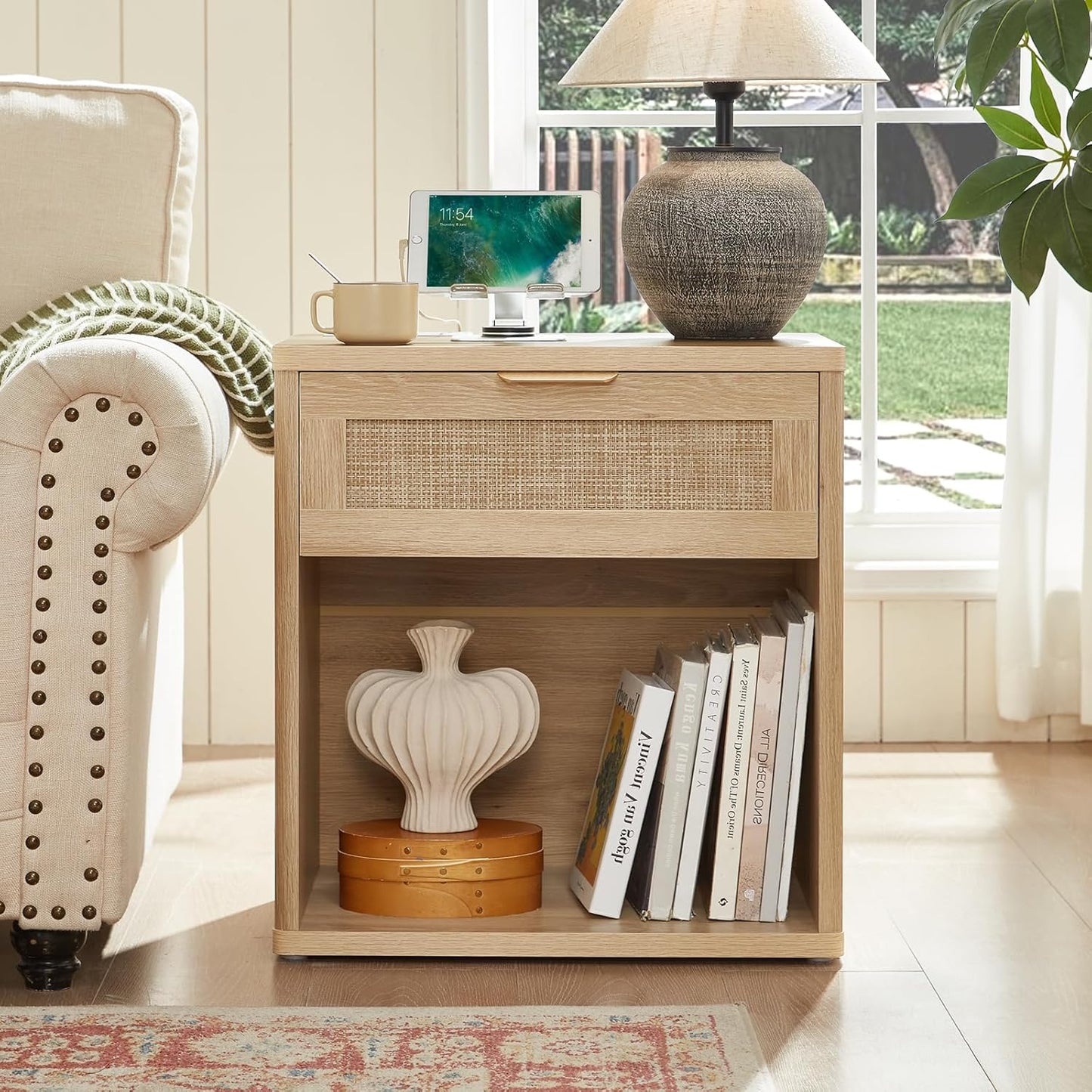 LEYAOYAO Rattan Nightstand with Charging Station, 23" Wide Boho Night Stand with Drawer, Natural Wood Bedside Table Open Storage Cabinet, Bed Side End Tables Dresser for Bedroom, Living Room, Hallway