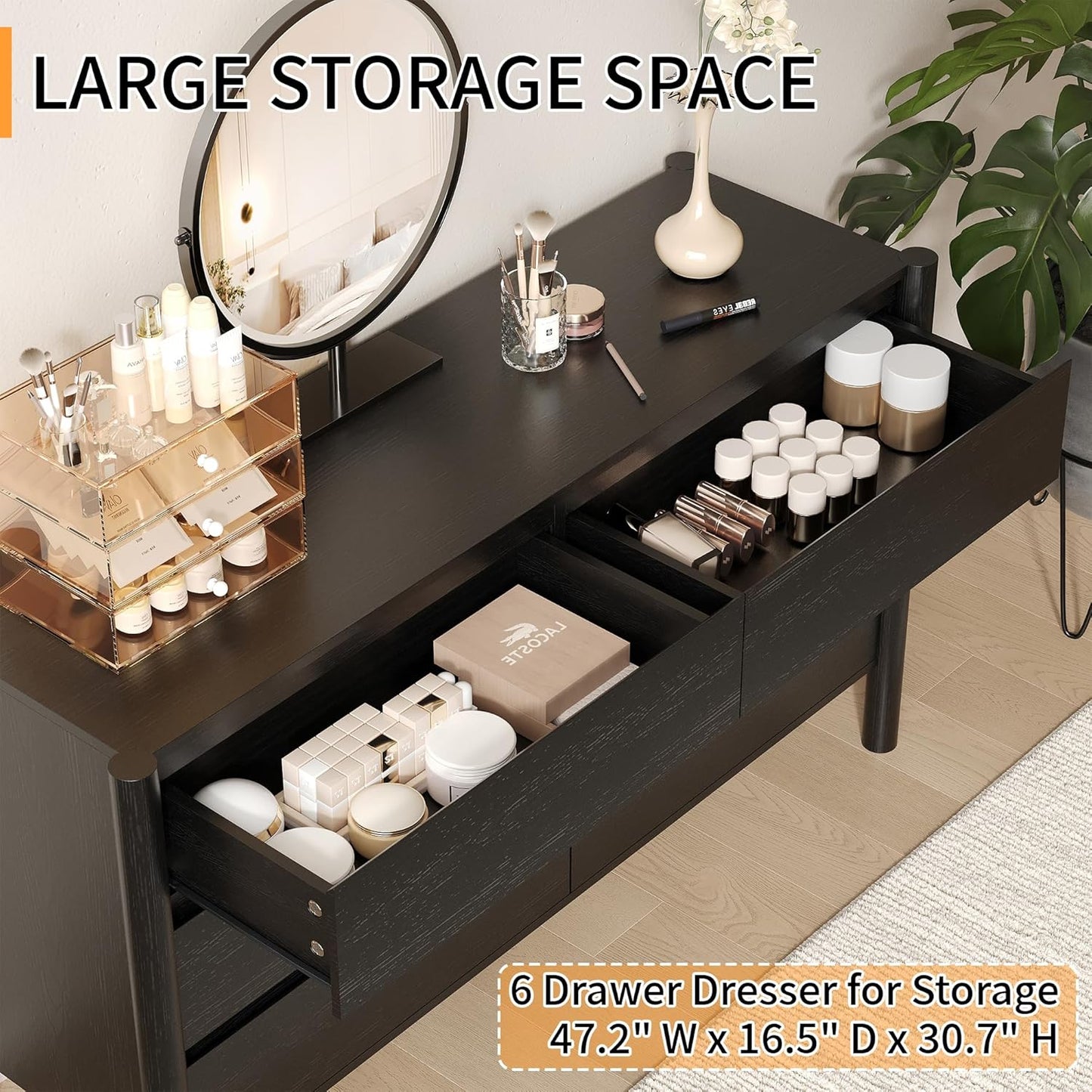 Dresser for Bedroom with 6 Drawers,47" Wide Oak Dresser with 4 Solid Wood Legs, Wooden TV Stand,Closet Clothes Organizer for Bedroom, Hallway