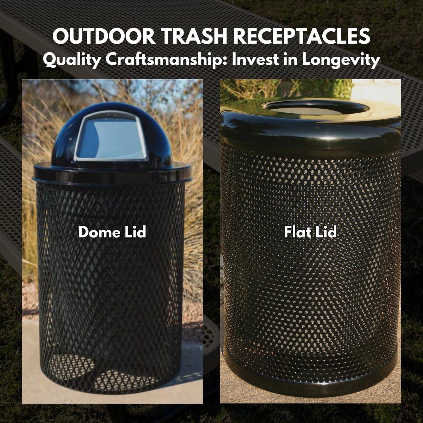 COATEDOUTDOORFURNITURE RDT-LBL Heavy Duty 32 Gallon Round Trash Receptacle, Liner Included, Light Blue with Black Dome, Made in America