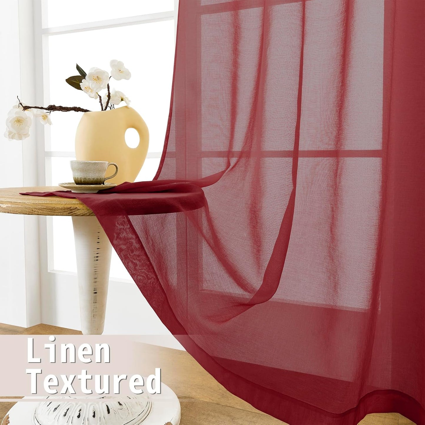Tollpiz Sheer Door Curtain Closet Linen Textured Curtains Sheer Doorway Light Filtering Voile Patio Glass Door Rod Pocket Curtain French Door, 54 x 72 inches Long, Burgundy Red, Set of 1 Panel