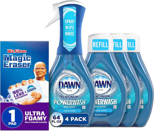 Bundle of Dawn Platinum Powerwash Dish Spray, Dish Soap, Fresh Scent Bundle, 1 Spray (16oz) + 3 Refills (16oz each)(Pack of 4) + Mr. Clean Magic Eraser Ultra Foamy Multi Purpose Cleaner, 1ct