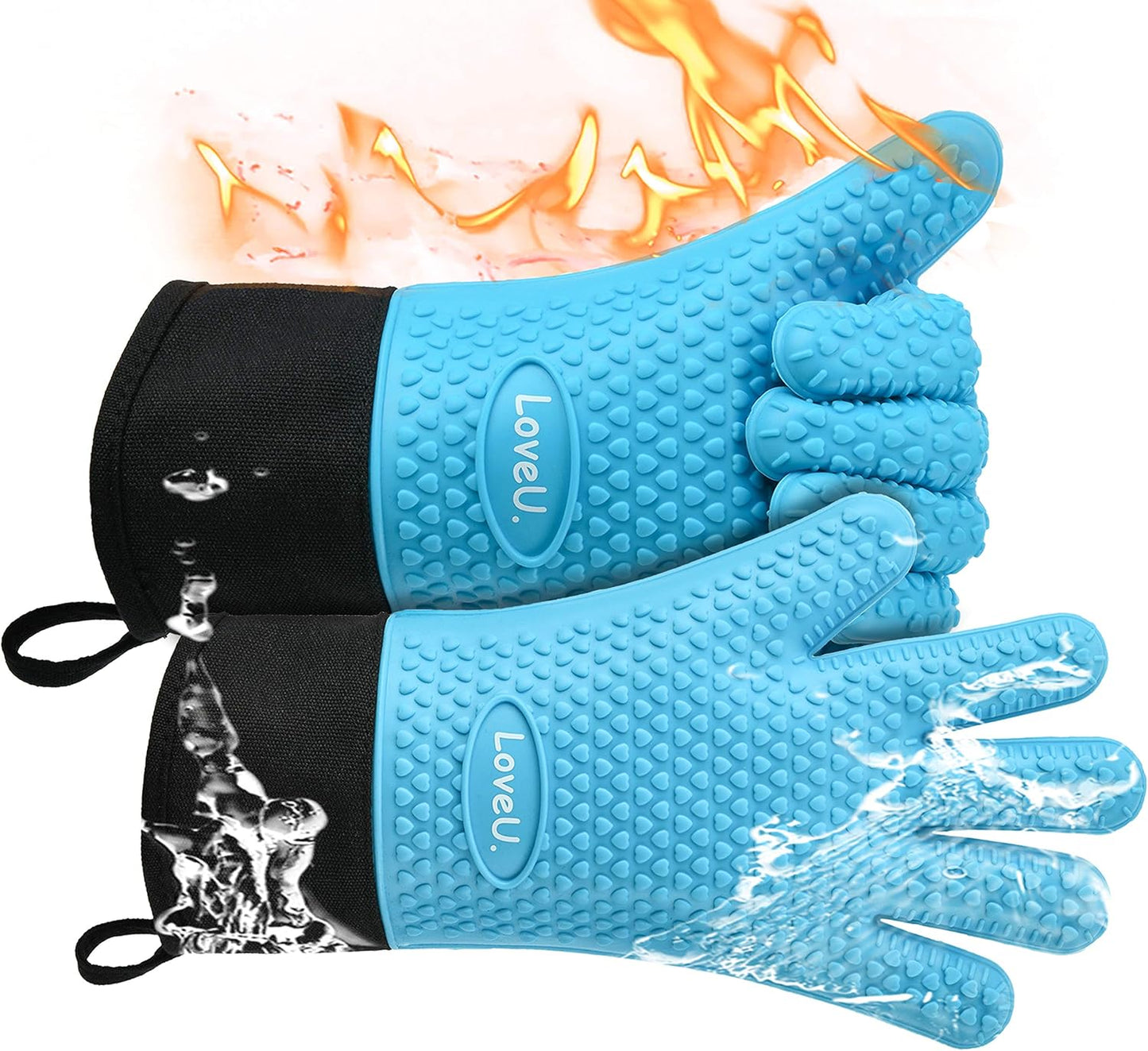 Kitchen Oven Gloves - Silicone and Cotton Double-Layer Heat Resistant Oven Mitts/BBQ Gloves/Grill Gloves - Perfect for Baking and Grilling (XL-XXXL, Blue)