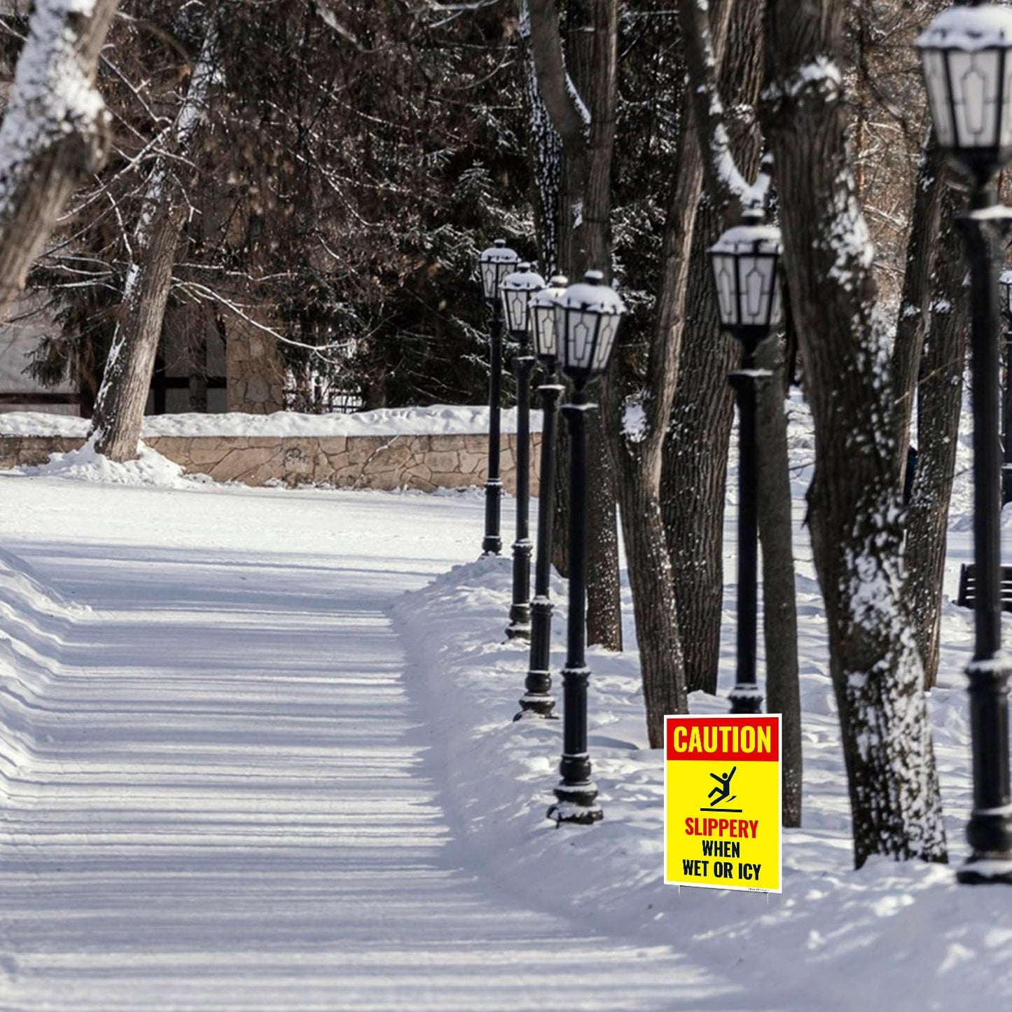 Caution Slippery When Wet or ICY Sign, (SI-84404) (2 Pack) Double Sided 9x12 Inches, Corrugated Plastic with Metal H Stake, Made in USA by Sigo Signs