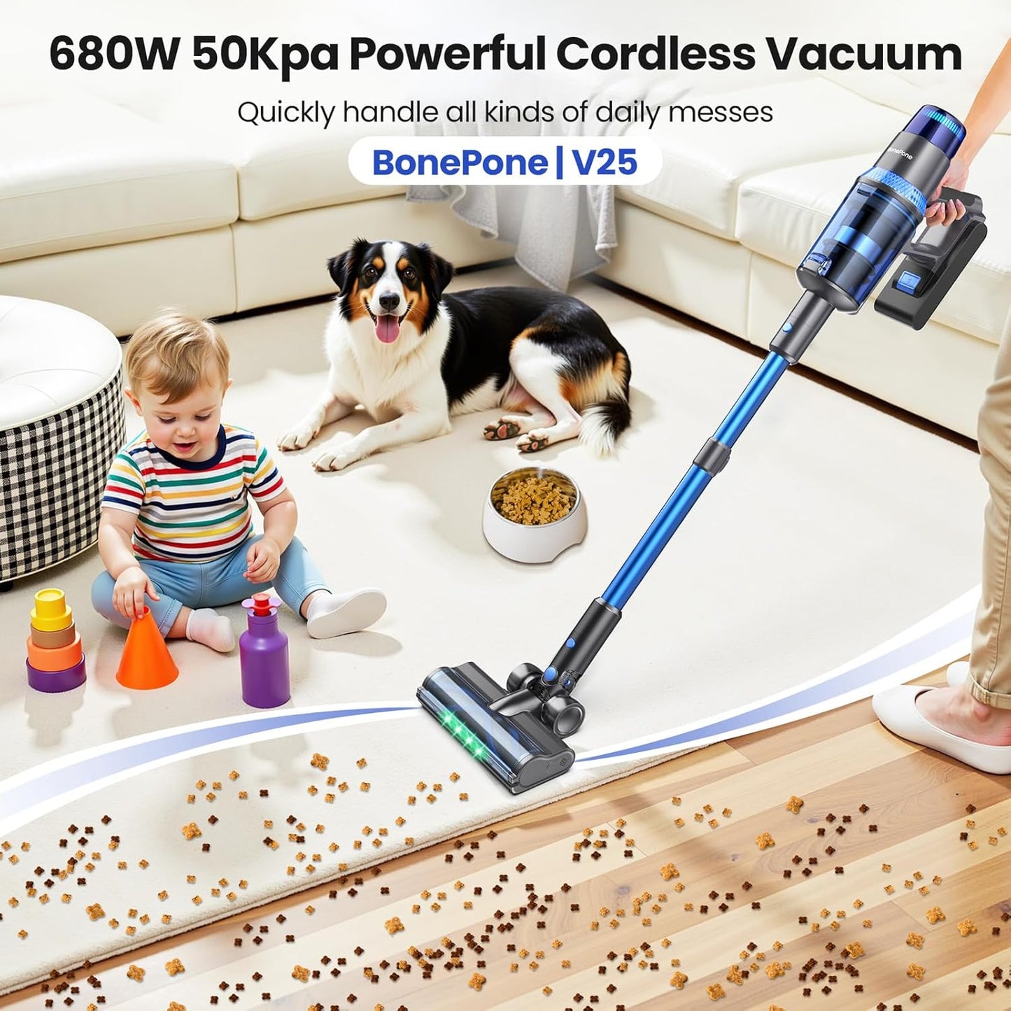 V25 Cordless Vacuum Cleaner, 680W 60Kpa Powerful Stick Vacuum with Dust Sensor, Digital Display, 4000mAh Rechargeable Battery up to 60Mins, Versatile for Pet Hair, Floor, Carpet