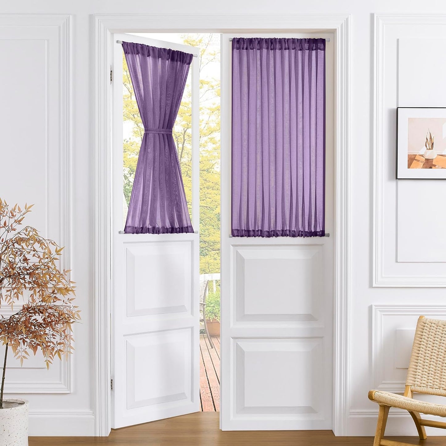 Tollpiz Short Sheer Door Curtains Closet Linen Textured Curtains Sheer Doorway Light Filtering Voile Patio Glass Doors Rod Pocket Curtain French Door, 54 x 40 inches Long, Royal Purple, Set of 1 Panel