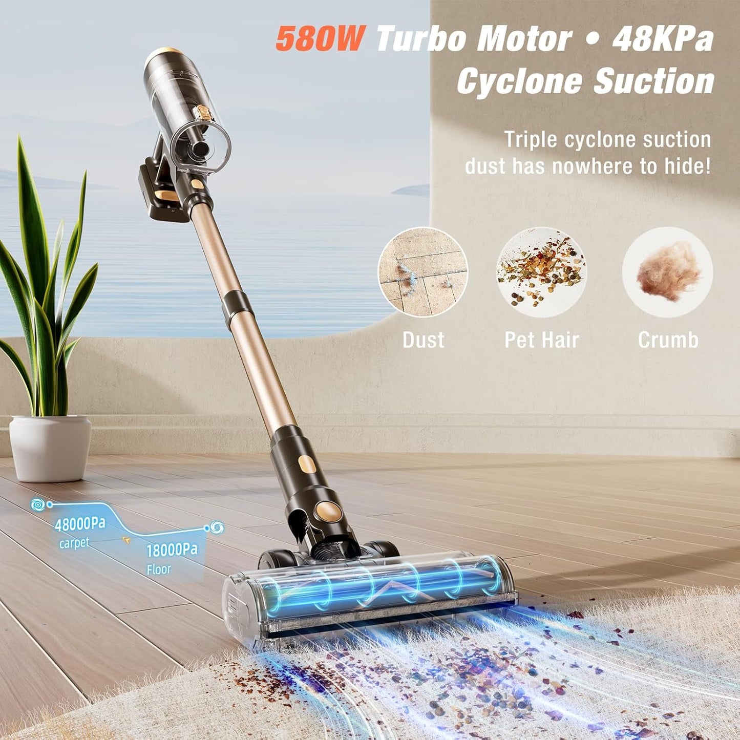 Cordless Vacuum Cleaner, 580W 48KPA 70 Mins Vacuum Cleaners for Home, Self-Standing Stick Vacuum with Wall Mount Charge, Touch Screen, Ultra High-Power Brush for Pet Hair/Plush Carpet/All Floor