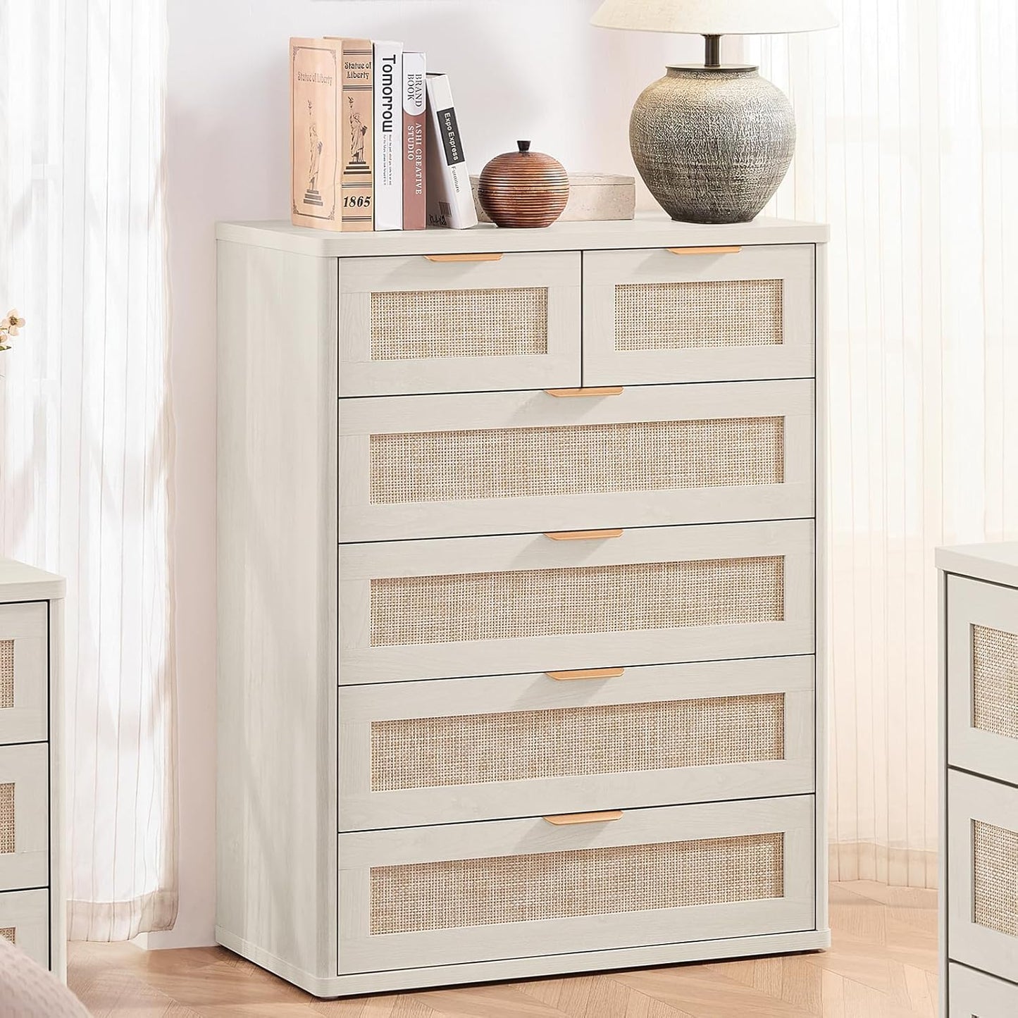 LEYAOYAO White Dresser for Bedroom, 42" Tall Chest of Drawers, Modern 6 Drawers Boho Rattan Dressers with Storage, Dresser Wooden Closet Organizer for Living Room, Hallway