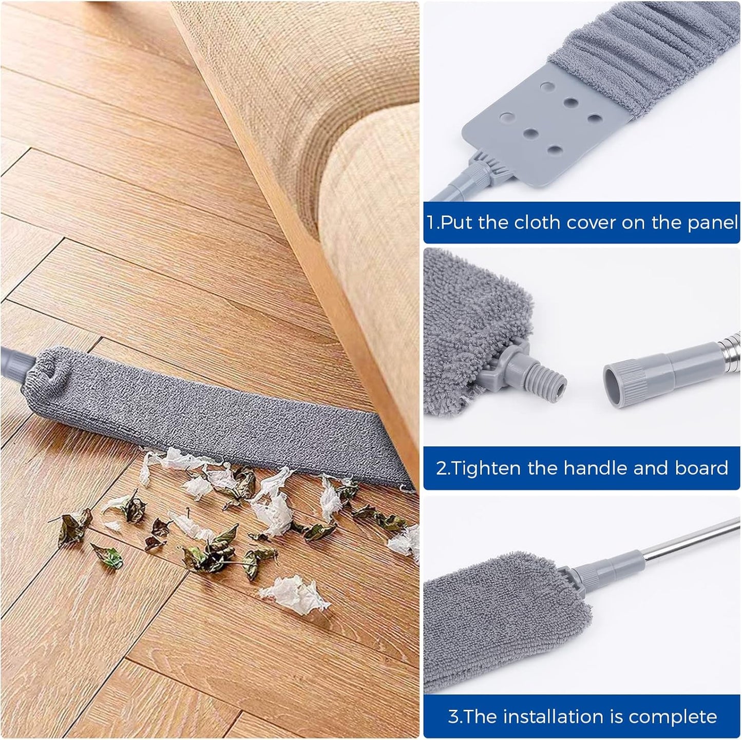 Retractable Gap Dust Cleaner Cleaning Tools with 2 Microfiber Dusting Cloths Long Handle 60inches Washable and Retractable Duster Brush for Cleaning Under Appliances Furniture Couch Fridge