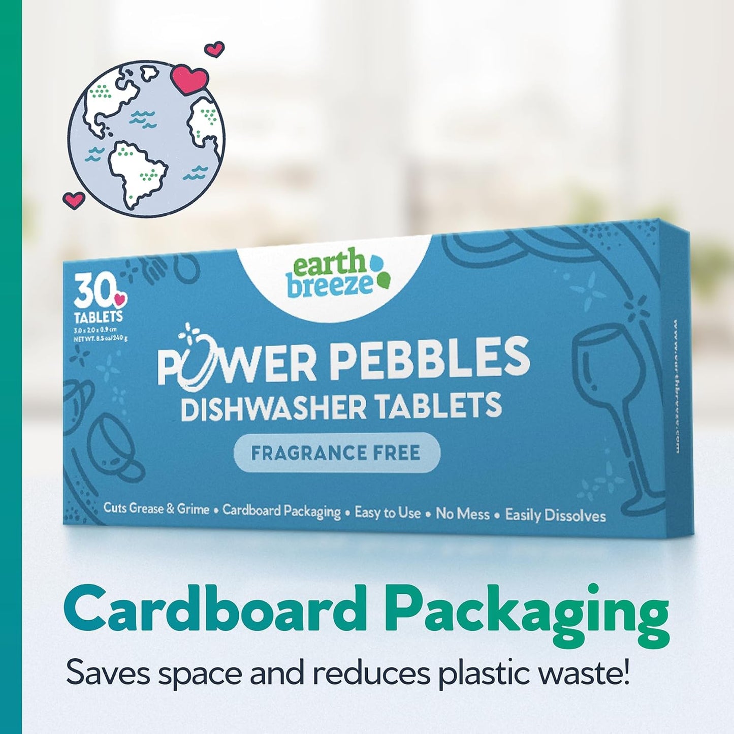 Earth Breeze Power Pebbles Dishwasher Tablets, Tough on Grease, Gentle on Dishes, Fragrance Free Dish Detergent & Dishwasher Cleaner, Kitchen Cleaning Supplies for Sparkling Results, 90 Tabs (3-Pack)
