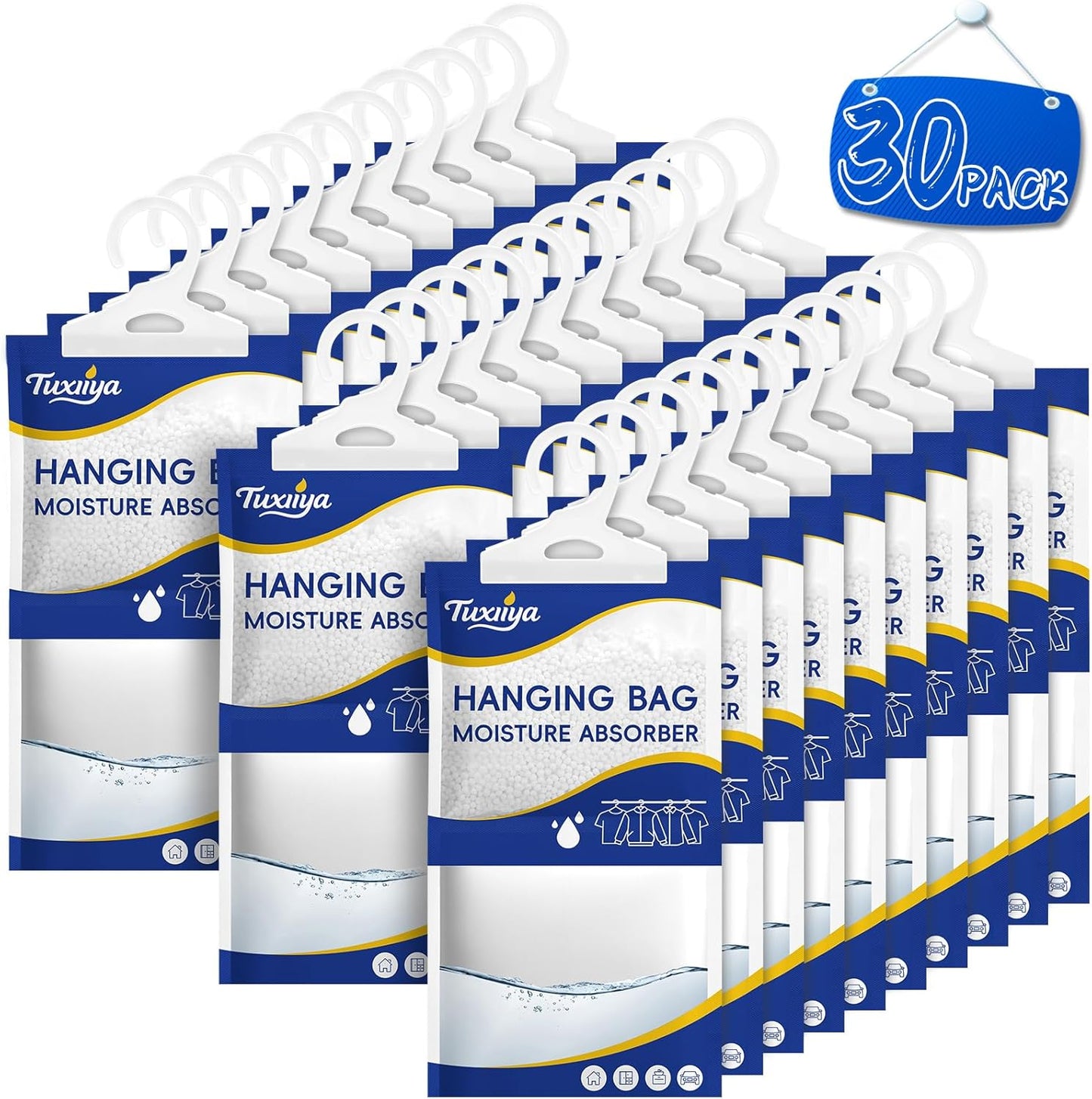 30 Pack Moisture Absorbers Packets,Hanging Closet Dehumidifier Bags,Humidity Packs, Desiccant,Moisture Absorbing Bags for Closet,Wardrobes,Bedrooms, Bathrooms(Net Wt. 230g/Pack)