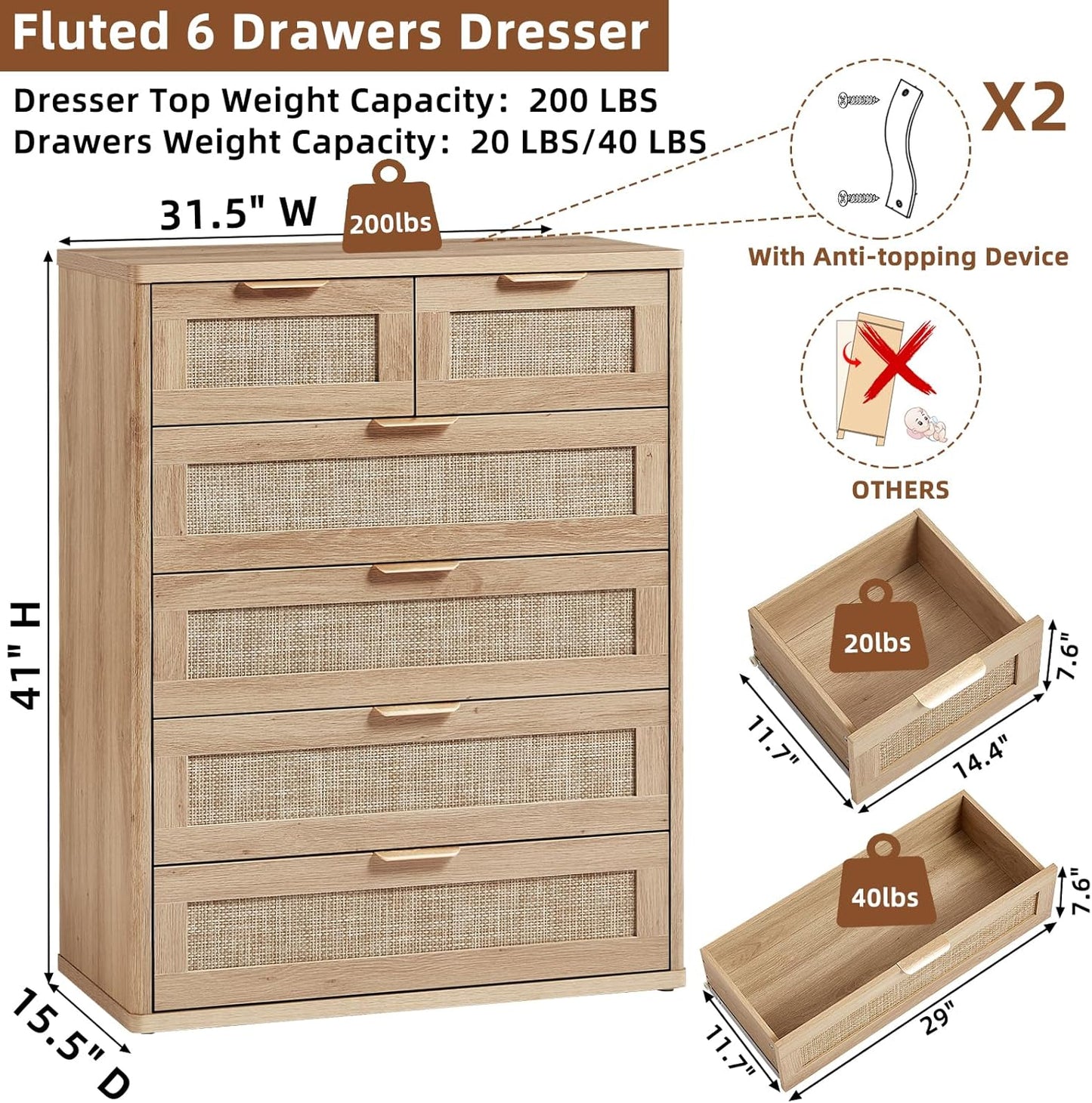 LEYAOYAO Rattan Dresser for Bedroom Set of 2, 42" Tall Chest of Drawers, Modern 6 Drawers Boho Dressers with Storage, Light Oak Dresser Wooden Closet Organizer for Living Room, Hallway, Natural Wood