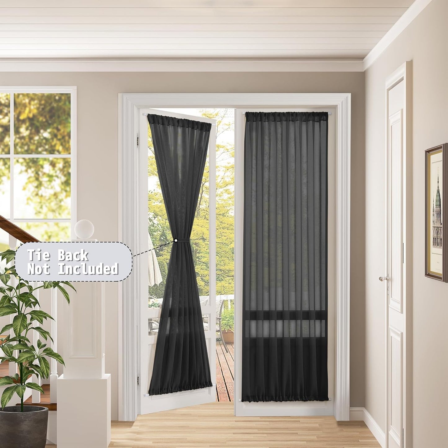 Tollpiz Sheer Door Curtains Closet Linen Textured Curtains Sheer Doorway Light Filtering Voile Rod French Door Pocket Curtain Patio Glass Door, 25 x 72 inches Long, Black, Set of 1 Panel