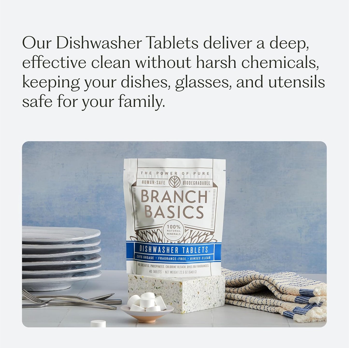 Branch Basics Dishwasher Tablets – 40 Ct, 3 Pack | Plastic-Free, Fragrance-Free, Human-Safe | Delivers a Powerful Clean Without Harsh Chemicals