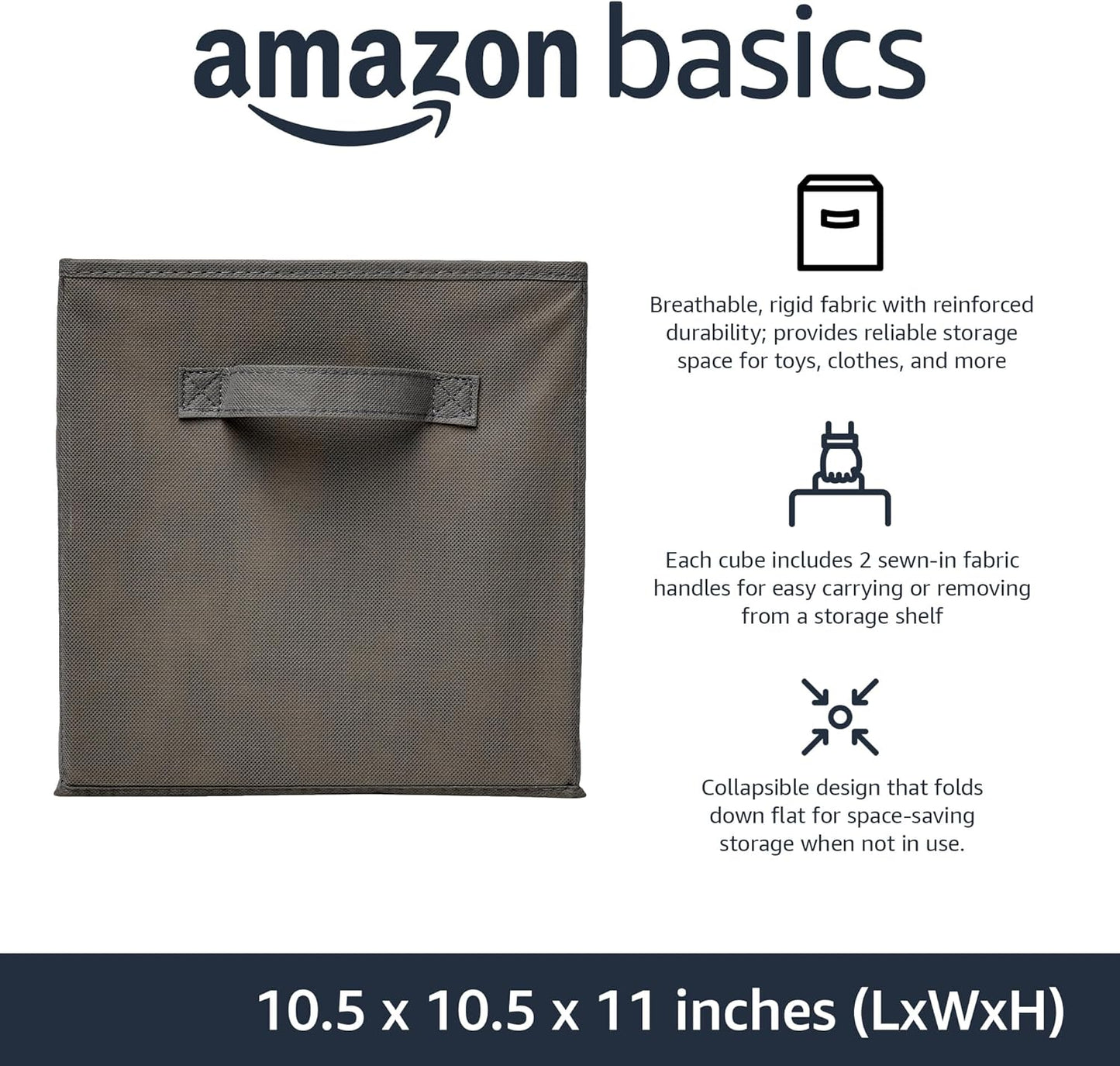 Amazon Basics Collapsible Fabric Storage Cubes Organizer with Handles, Sturdy, Gray, 10.5-x-10.5-x-11-inch, Pack of 6