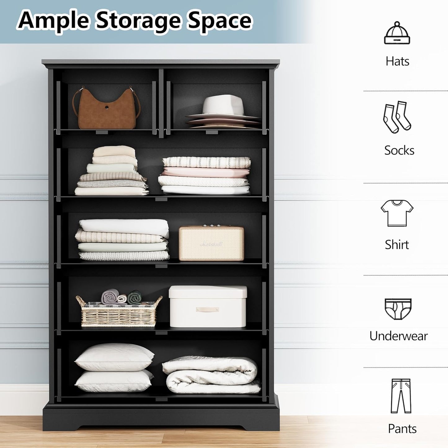 6 Drawer Dresser for Bedroom, 43" Tall Wooden Chest of Drawers, Rustic Farmhouse Dresser with Large Drawers & Metal Handles, Modern Storage Organizer for Closet, Living Room, Hallway, Black