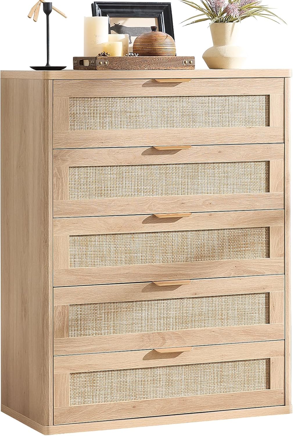 LEYAOYAO Rattan Dresser for Bedroom, 41" Tall Chest of Drawers, Modern 5 Drawers Boho Dressers with Storage, Light Oak Dresser Wooden Closet Organizer for Living Room, Hallway, Natural Wood