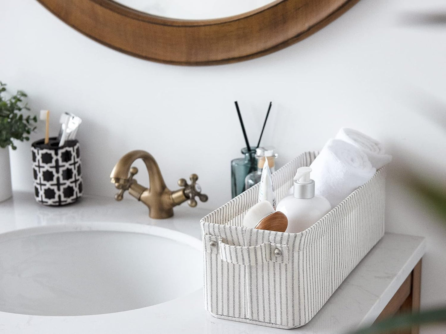 StorageWorks Narrow Storage Bins, Small Basket for Closet and Shelves, Fabric Organizer with Handles, Toilet Paper Storage, Khaki and Beige Stripes, 2-Pack