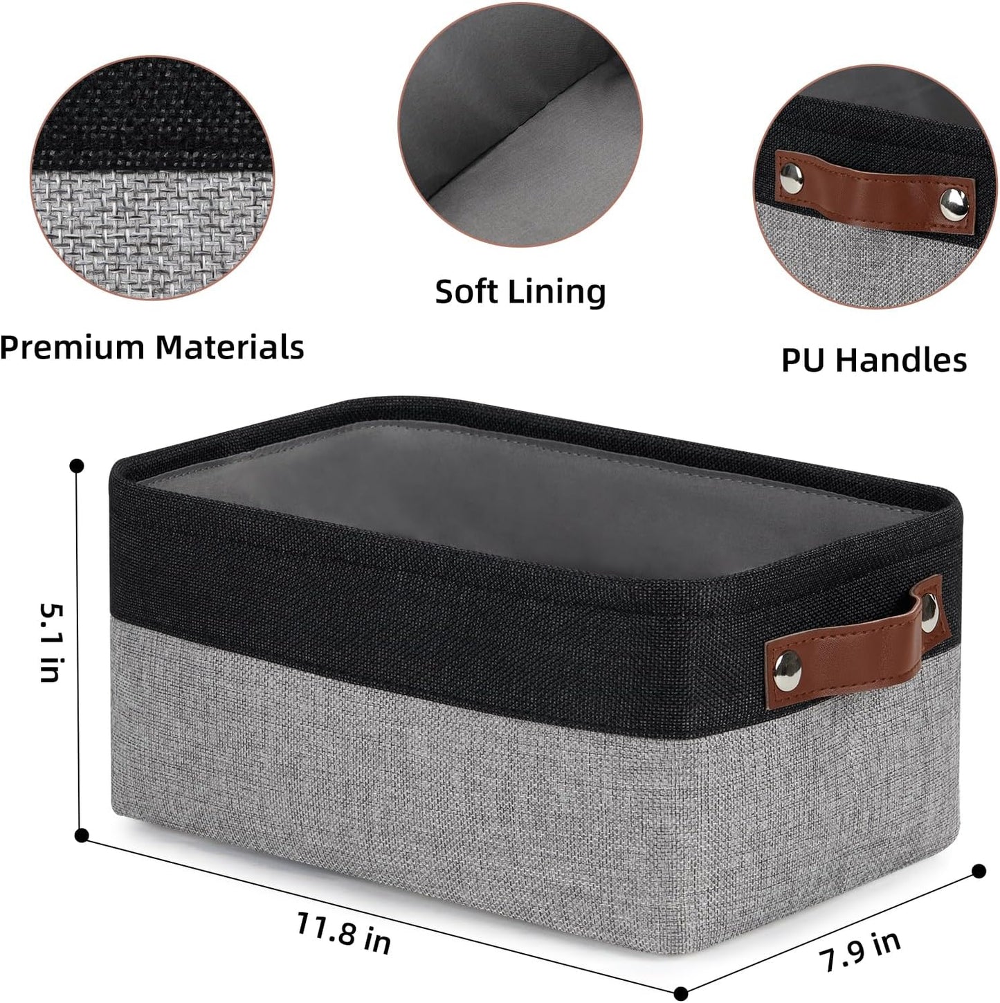 DULLEMELO Small Storage Baskets for Organizing - 11.8x7.9x5.1 inch Collapsible Storage Bins Set of 2 cloth storage bins for organizing Books and towel storage (Black&Grey)