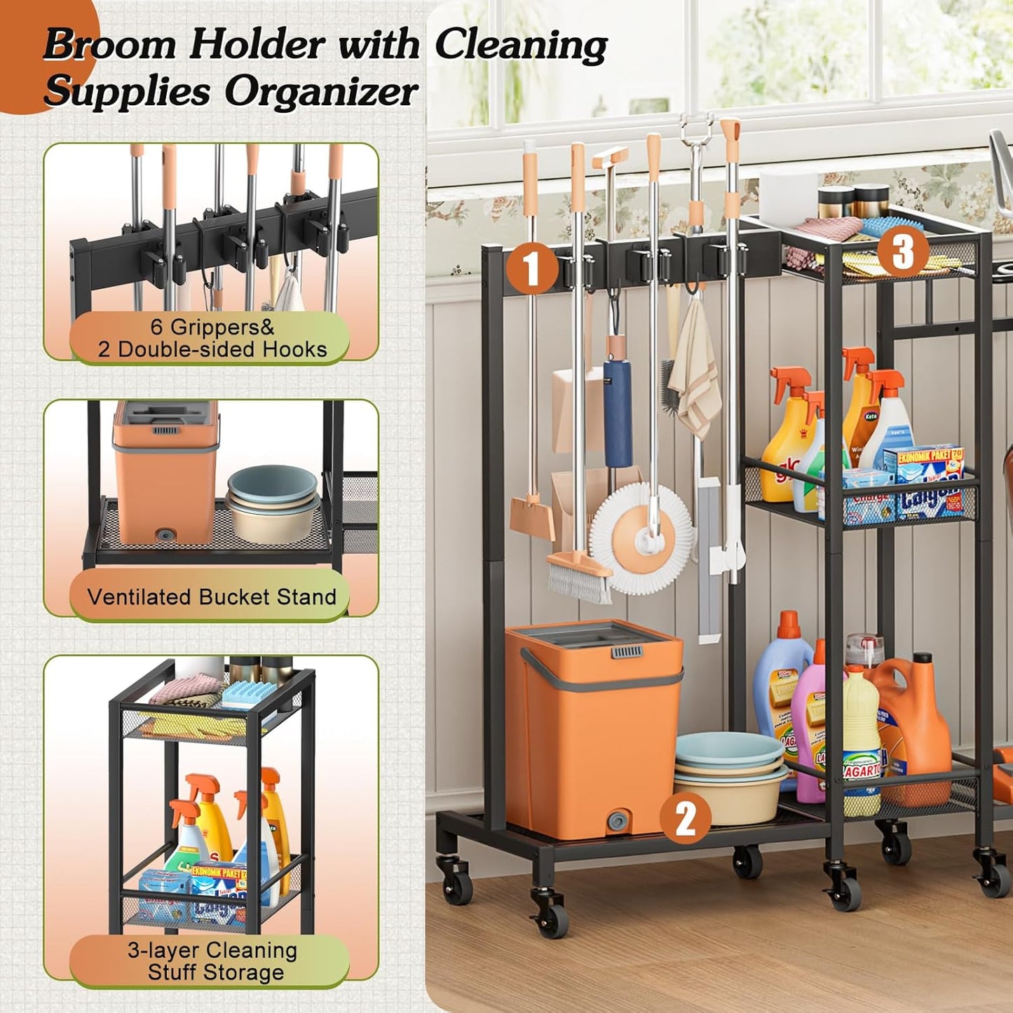 Broom Holder with Cleaning Supplies Organizer, Broom Closet Storage Cabinet with Cleaning Caddy Vacuum Stand, Cleaning Cart with Mop Hanger Gripper Rack Hook, Laundry Room Organization Home Essentials