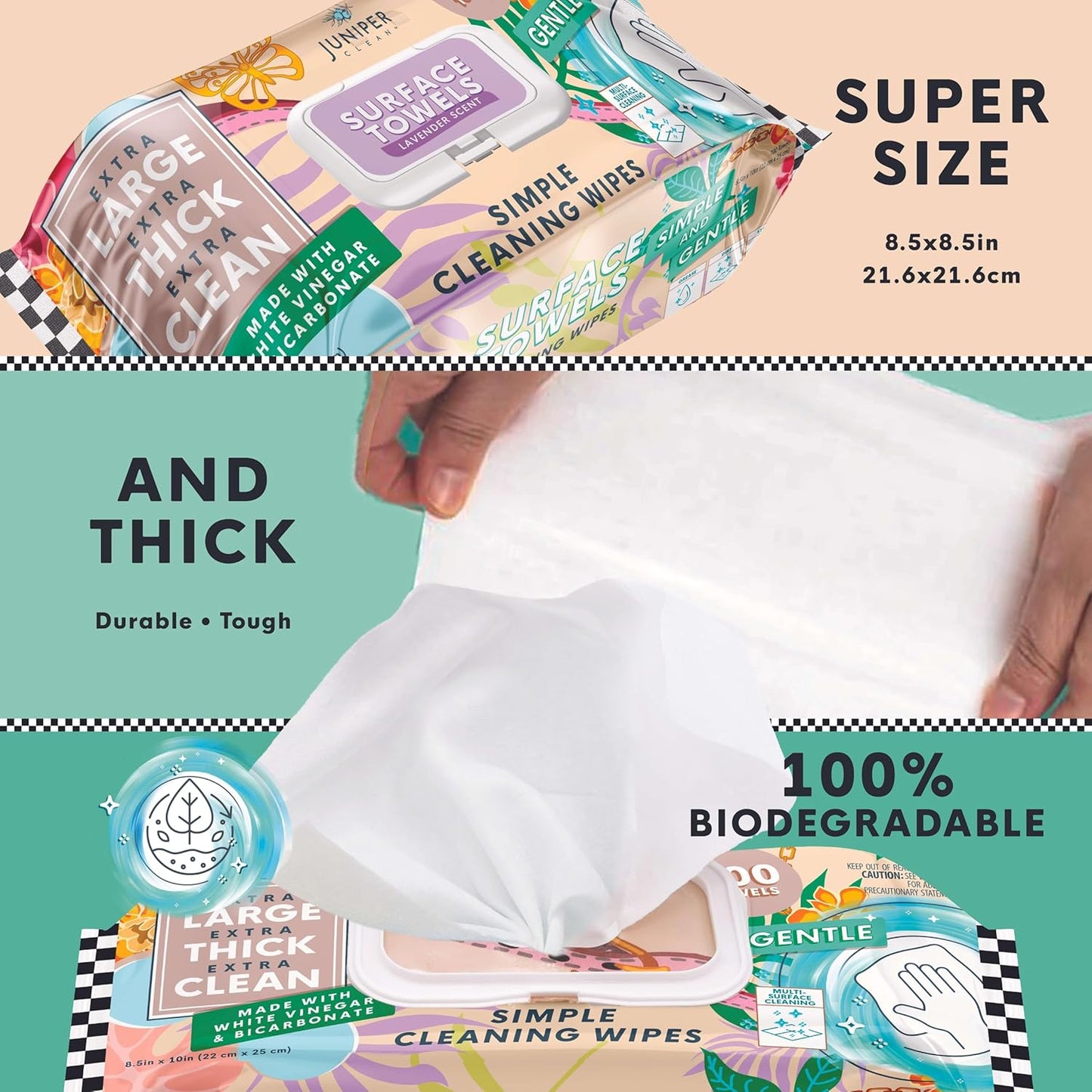 3 Packs Surface Cleaning Wipes Bleach Free, Thick & Large Dispose, All-Purpose Cleaner for Bathroom, Kitchen, Office, 300 Count Soft Flow, Biodegradable, Lavender Scent