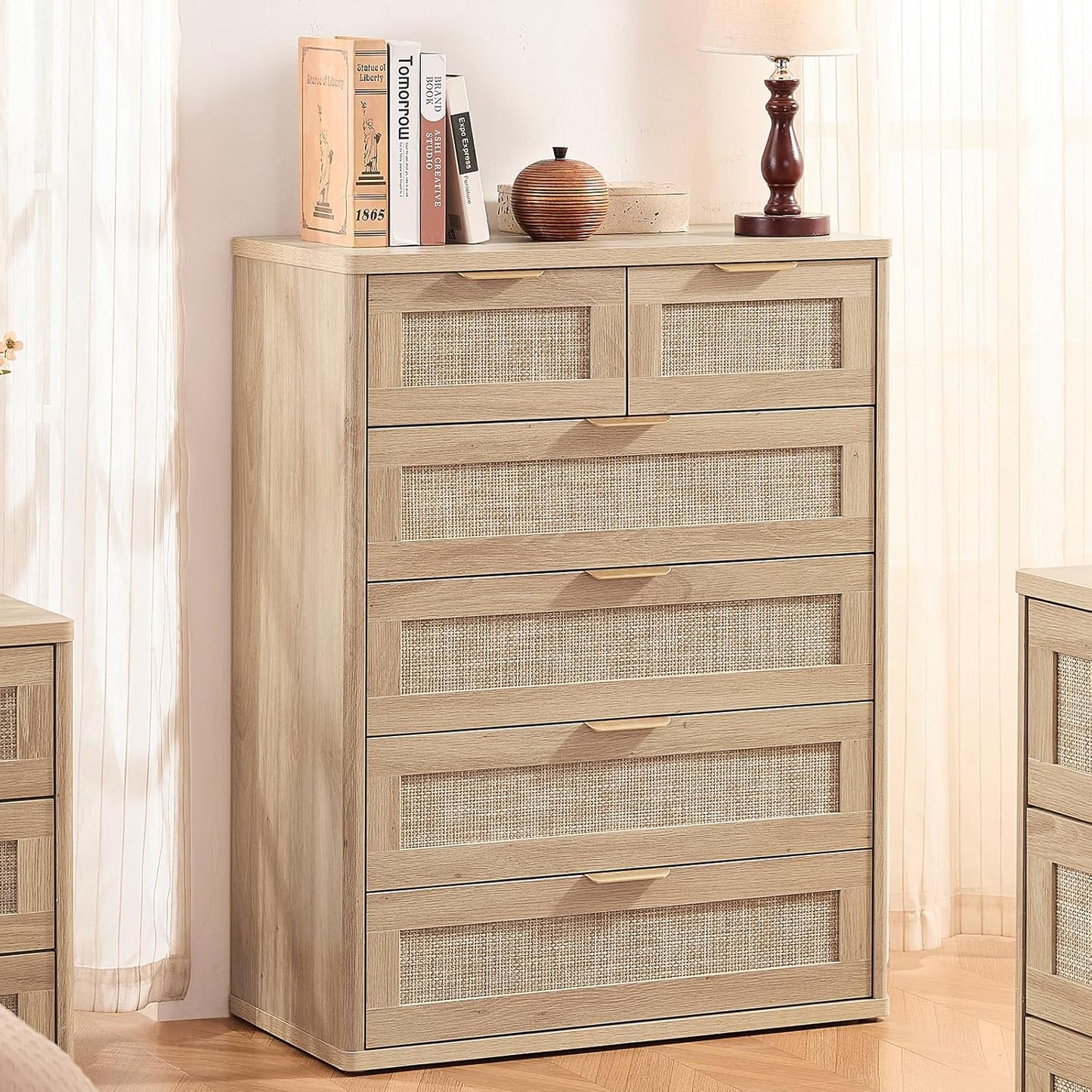 LEYAOYAO Rattan Dresser for Bedroom Set of 2, 42" Tall Chest of Drawers, Modern 6 Drawers Boho Dressers with Storage, Light Oak Dresser Wooden Closet Organizer for Living Room, Hallway, Natural Wood