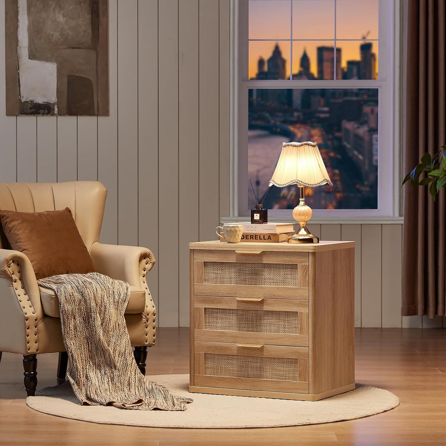 LEYAOYAO Rattan Night Stand with Drawers, 23" Large 3 Drawer Boho Nightstand, Natural Wood Bedside Table Storage Cabinet, Bed Side End Tables Dresser for Bedroom, Living Room, Hallway, Closet