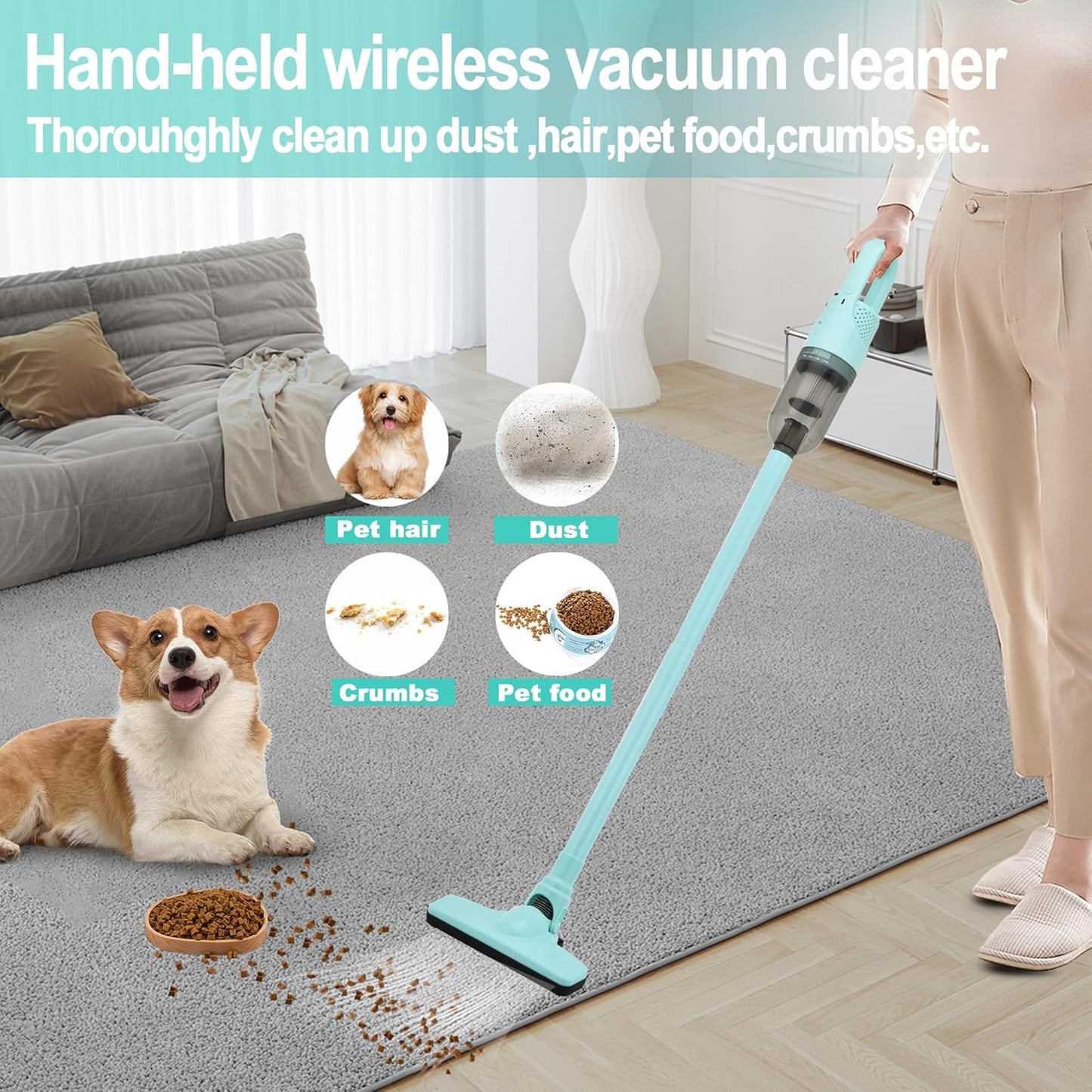 6-in-1 Lightweight Stick Vacuum Cleaner with 100W Powerful Motor, Mini Portable Household Handheld Vacuum Cleaner for Domestic Hard Floors, Carpets and Pet Hair(Green Cordless Plugs)