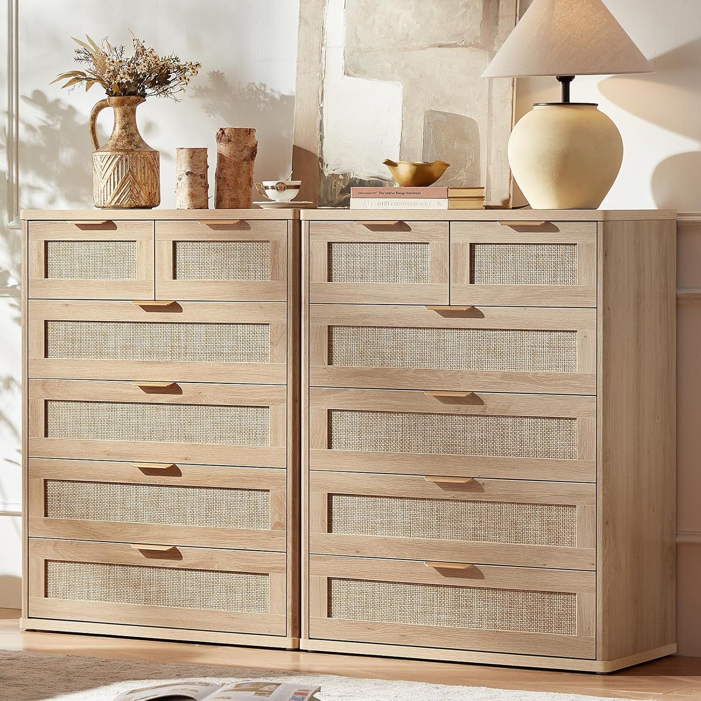 LEYAOYAO Rattan Dresser for Bedroom Set of 2, 42" Tall Chest of Drawers, Modern 6 Drawers Boho Dressers with Storage, Light Oak Dresser Wooden Closet Organizer for Living Room, Hallway, Natural Wood