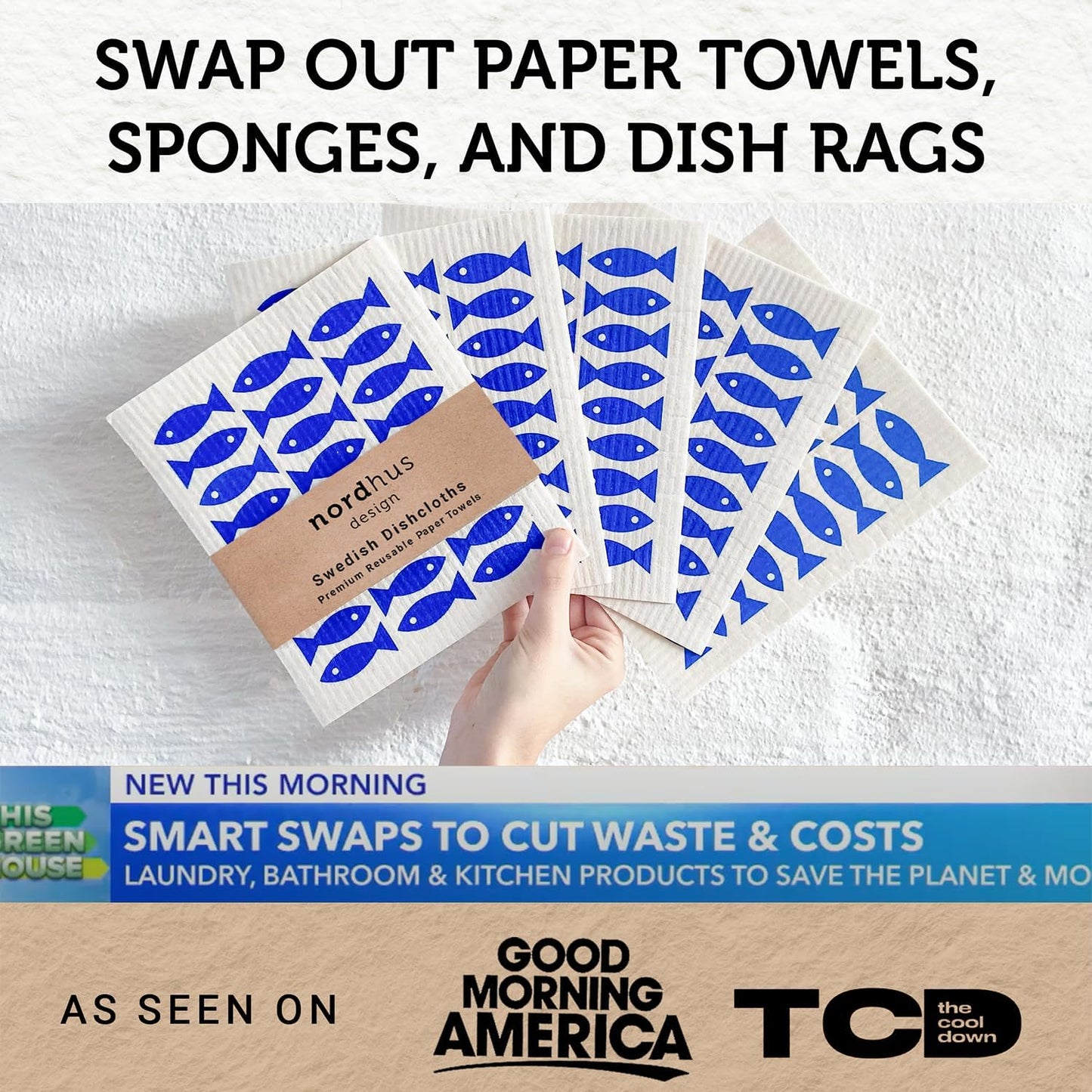 Nordhus Design Swedish Dishcloths,5 Fish Cloths, Made in Sweden - Reusable, Washable Cellulose Cotton Kitchen Cloths - Replace Paper Towels, Wipes, Sponges, Dish Rags