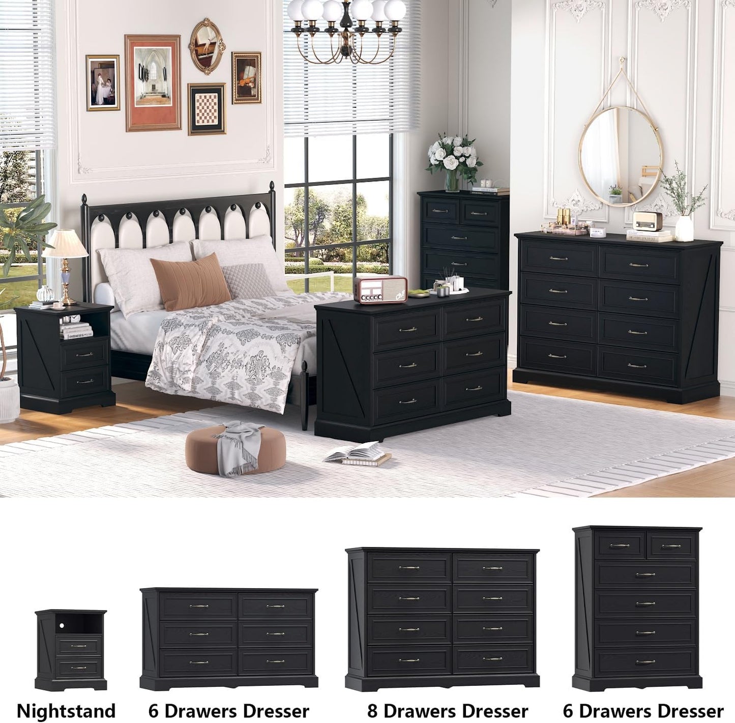 8 Drawer Dresser for Bedroom, 47" Wide Wooden Chest of Drawers, Rustic Farmhouse Dresser with Large Drawers & Metal Handles, Modern Storage Organizer for Closet, Living Room, Hallway, Black