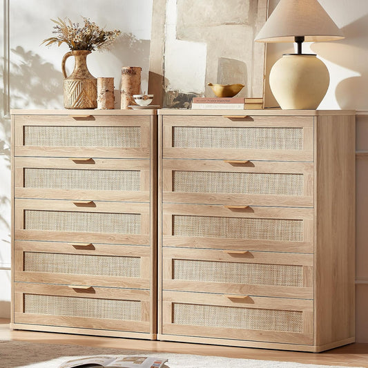 LEYAOYAO Rattan Dresser for Bedroom Set 2, 41" Tall Chest of Drawers, Modern 5 Drawers Boho Dressers with Storage, Light Oak Dresser Wooden Closet Organizer for Living Room, Hallway, Natural Wood