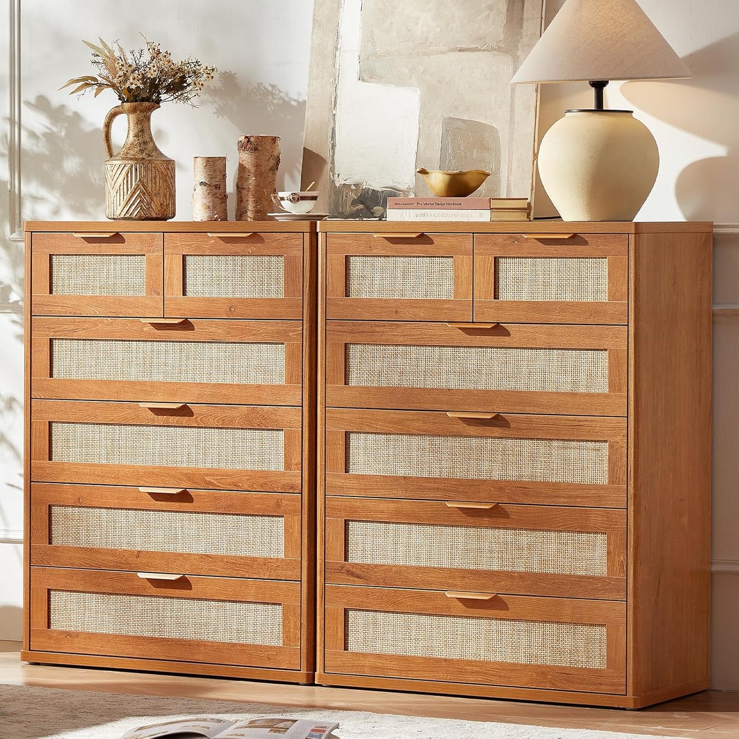 LEYAOYAO Rattan Dresser for Bedroom Set of 2, 42" Tall Chest of Drawers, Modern 6 Drawers Boho Dressers with Storage, Vintage Brown Dresser Wooden Closet Organizer for Living Room, Hallway