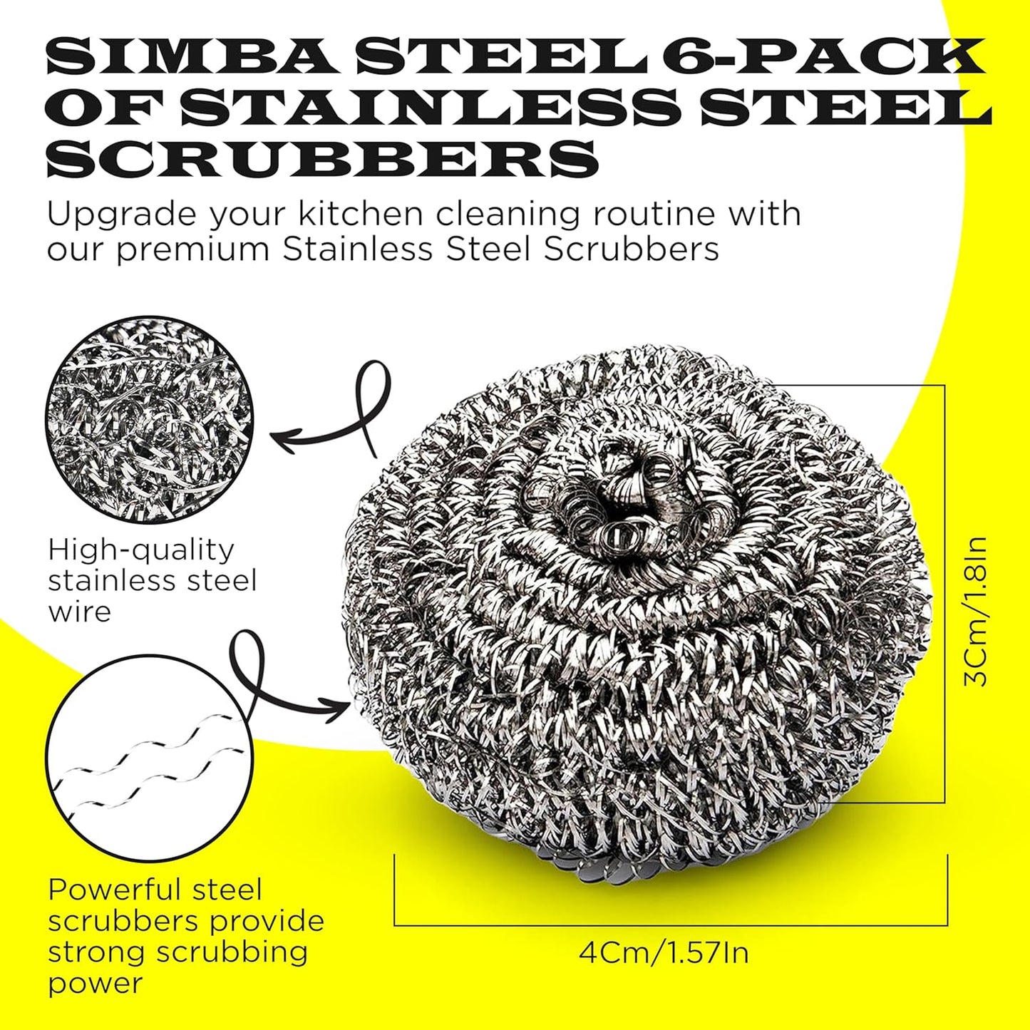 6 Pcs Simba Stainless Steel Wool Scrubber Pads for Cleaning Pans, Pots, Dishes, Ovens, Grills, Sinks, Bathroom and Kitchen, Scourer 6 Pack