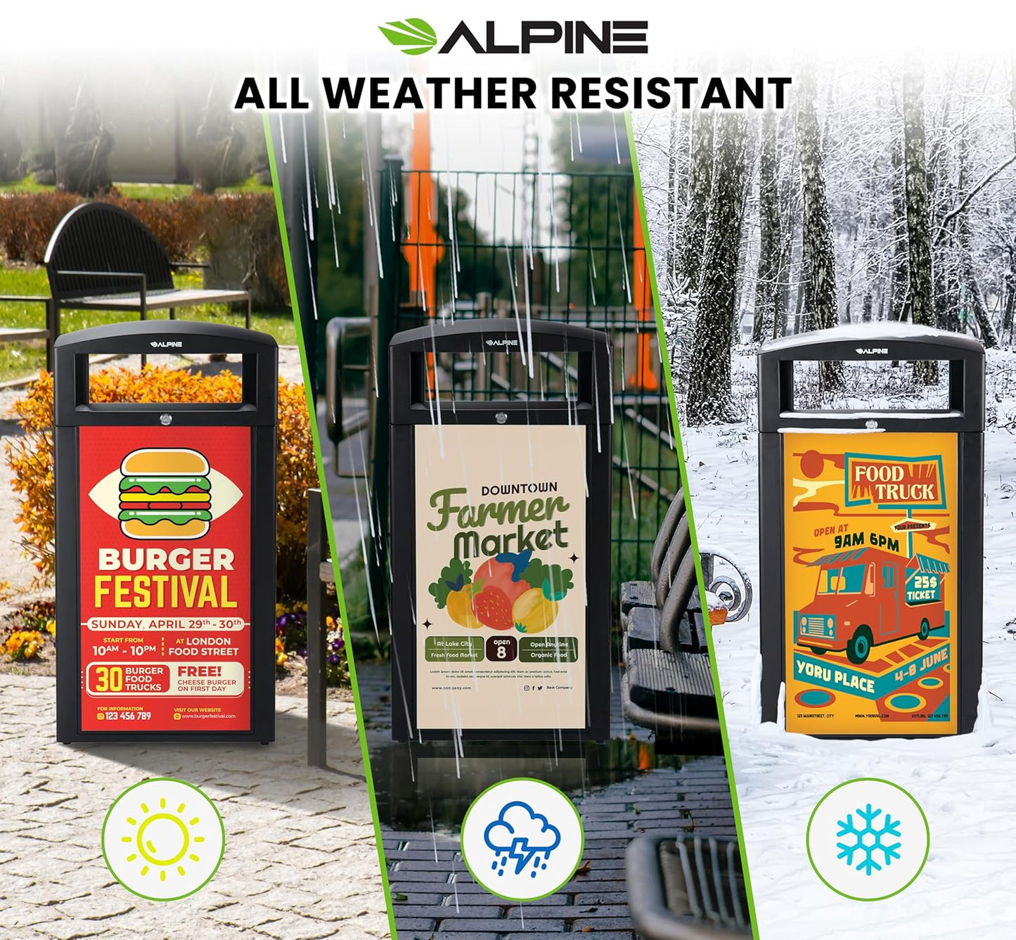 Alpine Outdoor Commercial Trash Can with Lid - 40 Gallon Heavy Duty Metal Garbage Can with Advertising Panels, Removable Bin, Locking Lid for a Modern Look in Pool, Park, Mall (Grey Stones)