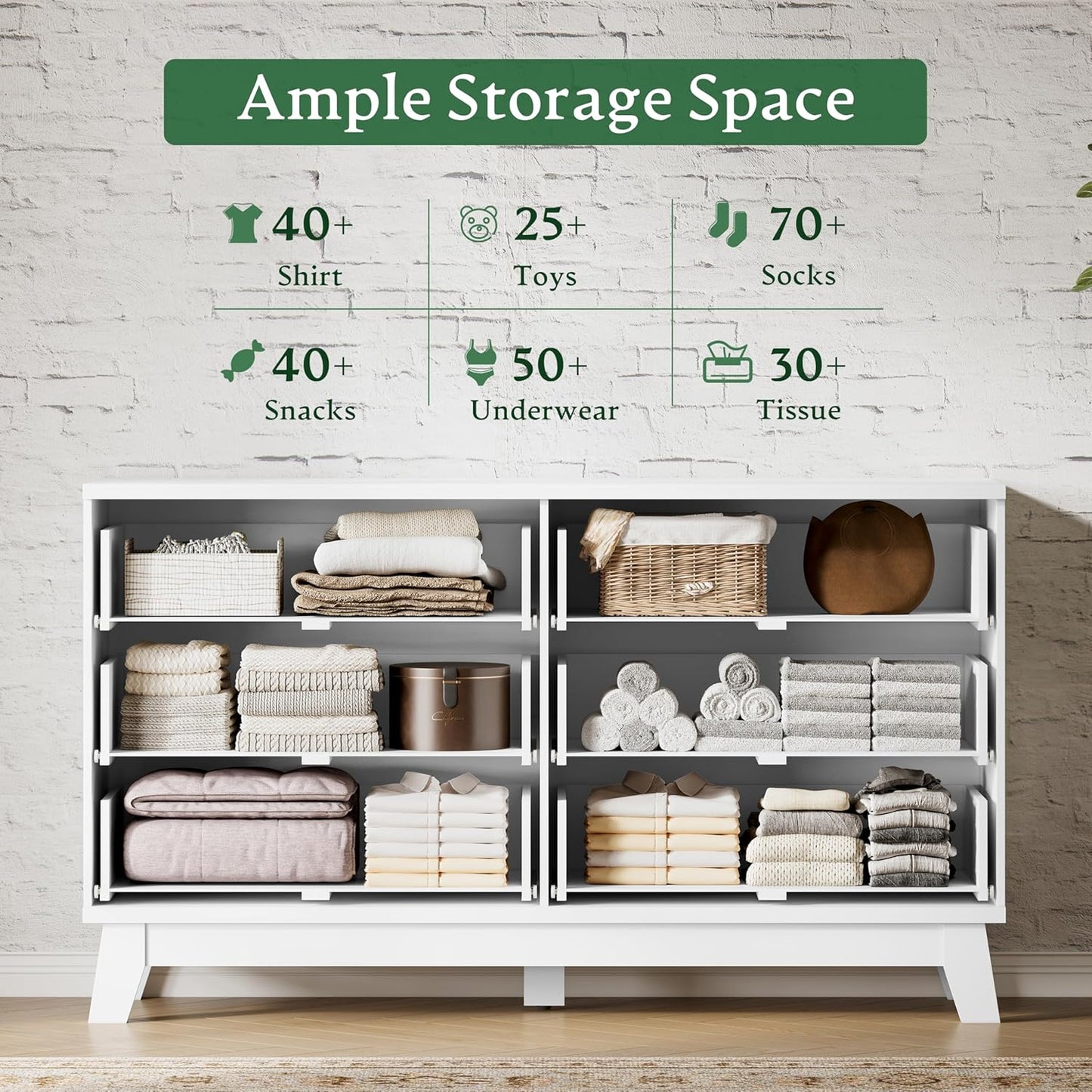 Fluted Dresser with 6 Drawers, 54" Wide Modern Chest of Drawers with Metal Handle, Wooden Dresser TV Stand, Wood Closet Clothes Storage Organizer for Bedroom, Living Room, Hallway, Solid White