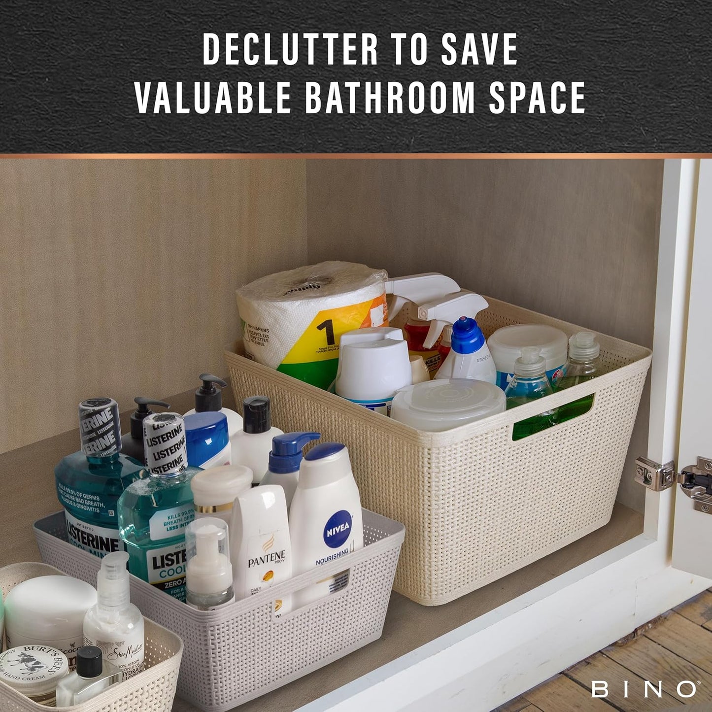 BINO | Woven Plastic Basket | Large (Natural Grey), 3-Pack | THE JUTE COLLECTION | Home Organization, Space - Saving Storage, Stylish Design | Jute Basket | Plastic Storage Basket