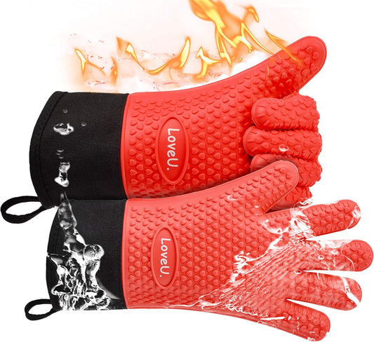 Kitchen Oven Gloves - Dual-Layer Heat Resistant Grilling Gloves, Silicone Oven Mitts with 5 Fingers, Waterproof Non-Slip Pot Holder for Barbecue, Cooking, Baking (XL-XXXL, Red Long)