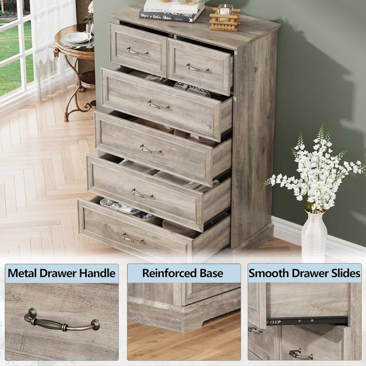 6 Drawer Dresser for Bedroom, 49" Tall Wooden Chest of Drawers, Rustic Farmhouse Dresser with Large Drawers & Metal Handles, Modern Storage Organizer for Closet, Living Room, Hallway, Grey