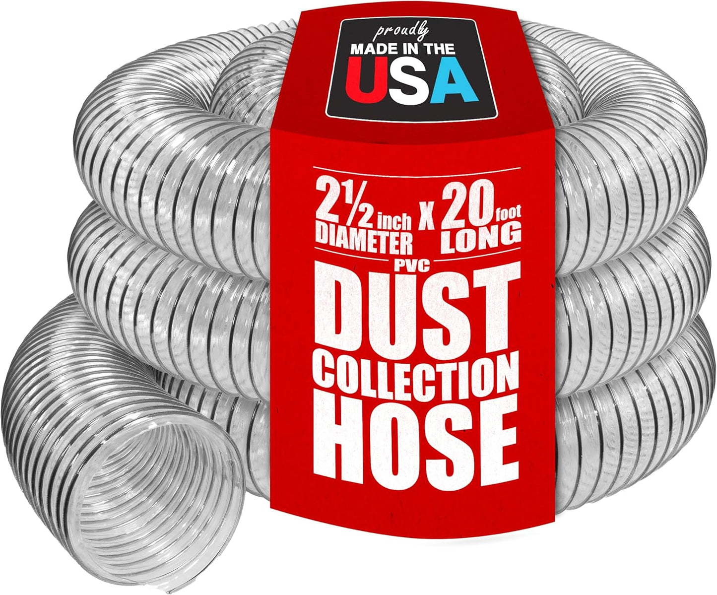2-1/2" x 20' PVC Dust Collection Hose, Puncture Resistant, Carbon Steel Wire, Clear Flexible PVC Dust Collector Hose, Proudly Made in USA