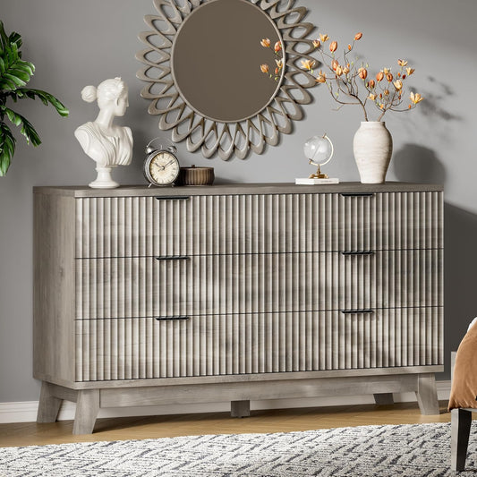Fluted Dresser with 6 Drawers, 54" Wide Modern Chest of Drawers with Metal Handle, Wooden Dresser TV Stand, Wood Closet Clothes Storage Organizer for Bedroom, Living Room, Hallway, Light Grey